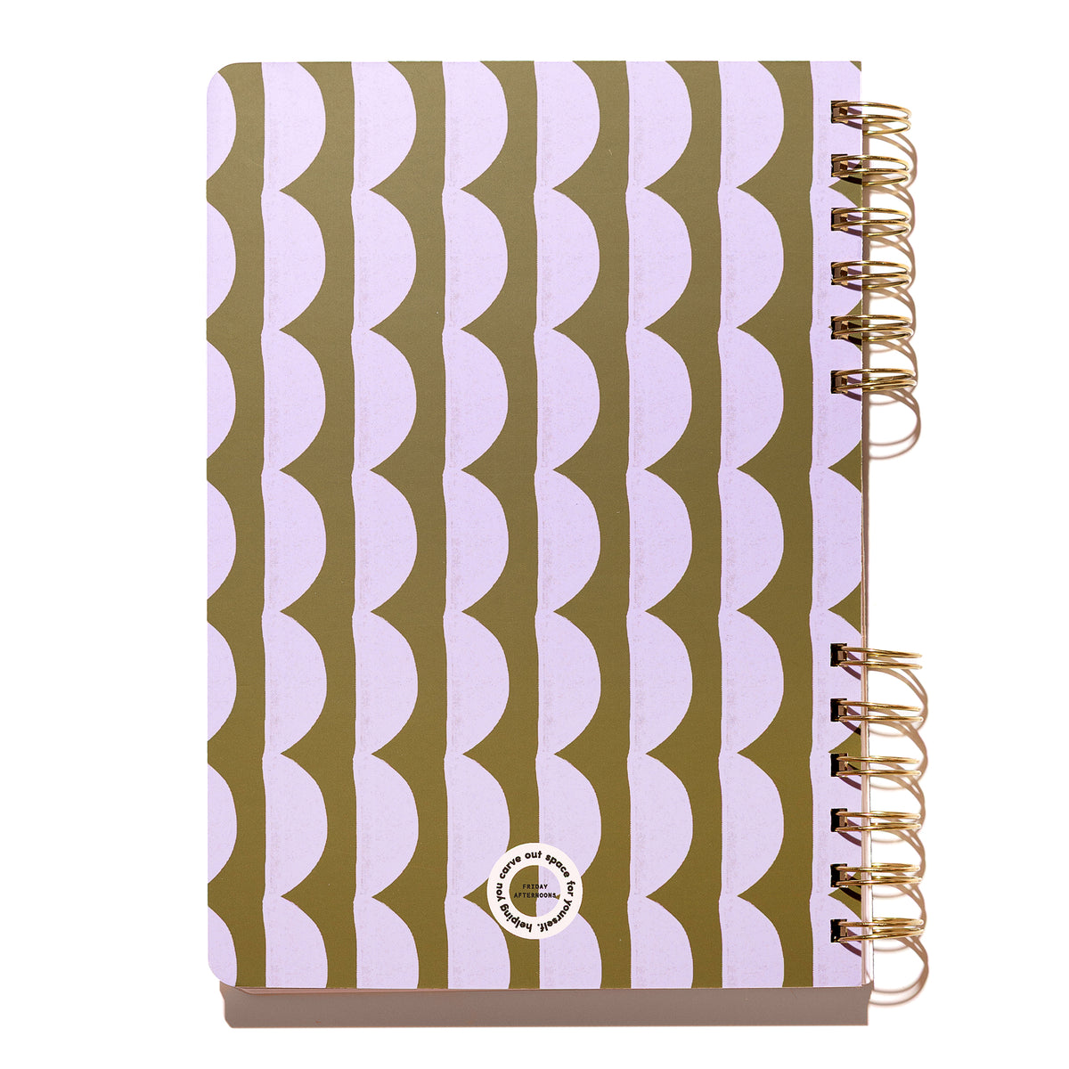 Back cover of Forest and Lavender Half Moons notebook showing the repeating lavender and forest pattern.