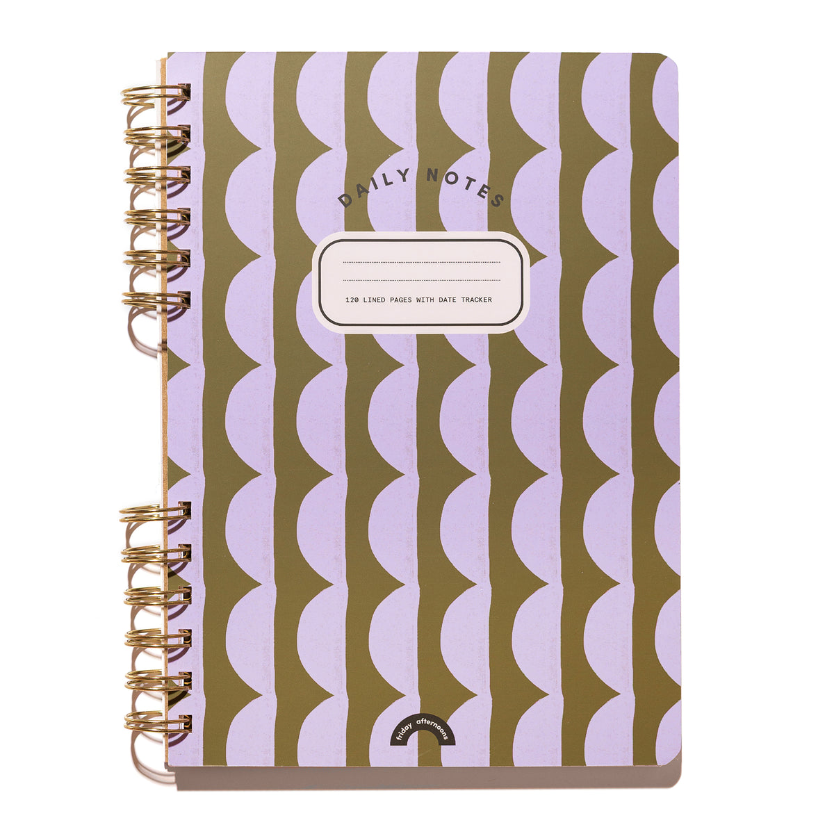 Forest and Lavender Half Moons Daily Notes lined spiral notebook with gold split-spiral binding.