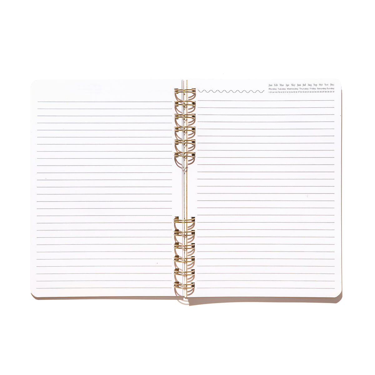 Open Daily Notes notebook showing blank lined pages, a printed date tracker, and gold split-spiral binding.