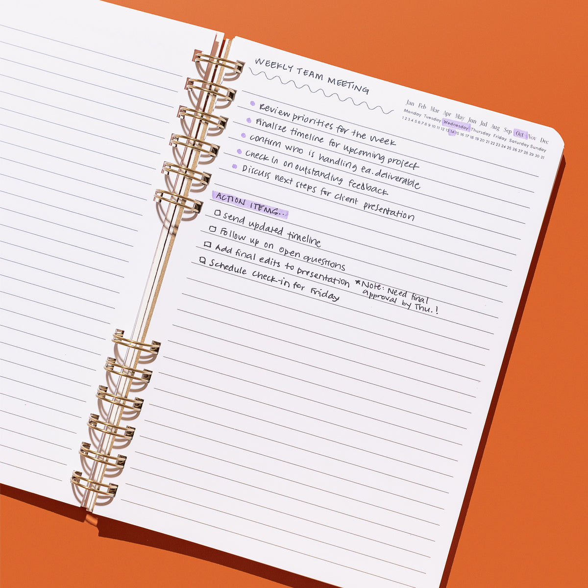 Daily Notes lined notebook filled with handwritten meeting notes, action items, and a marked date tracker.