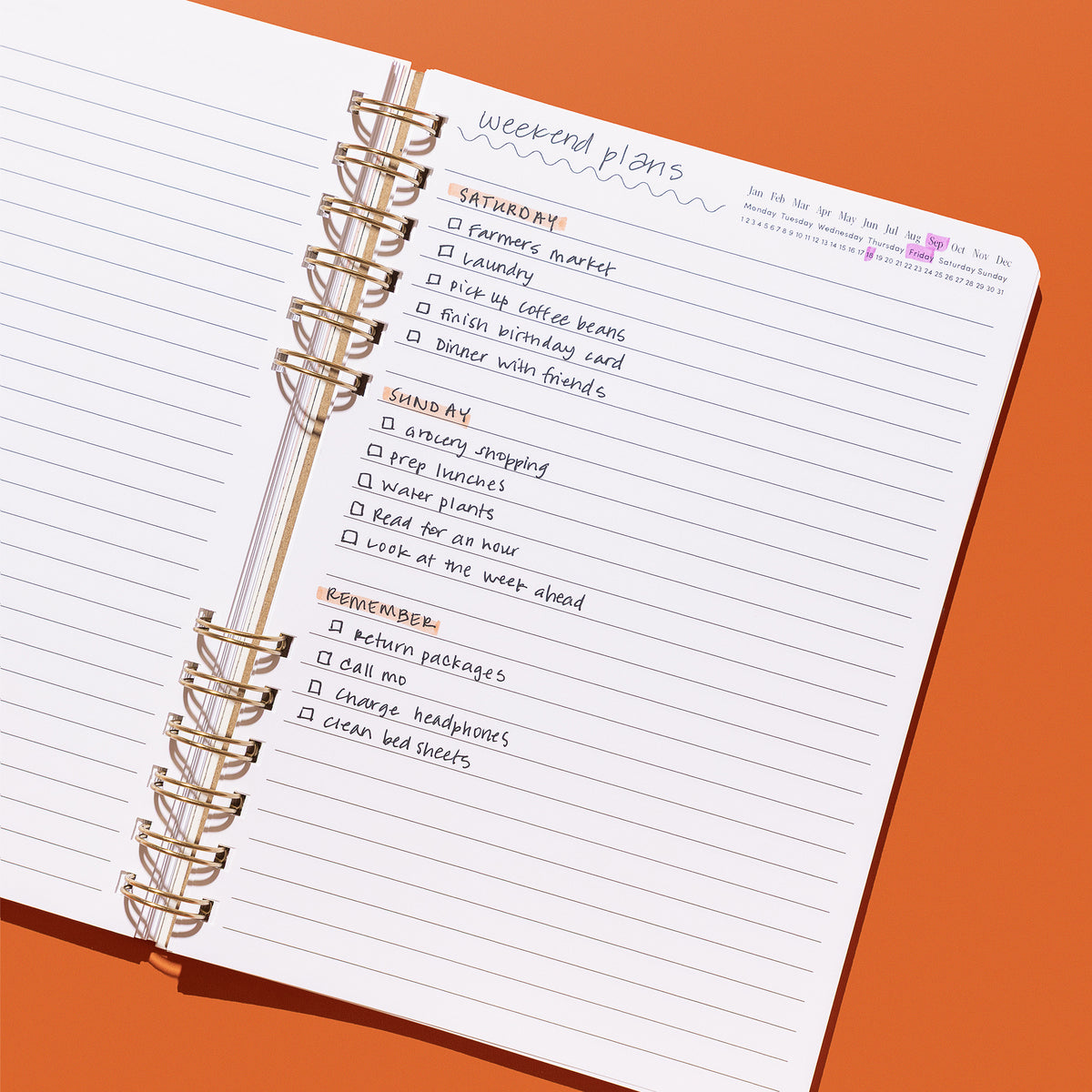 Open lined notebook with a handwritten brain dump, prioritized tasks, and highlighted date tracker.