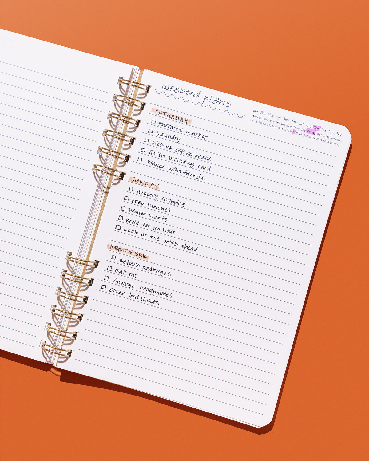 Open lined notebook with a handwritten brain dump, prioritized tasks, and highlighted date tracker.