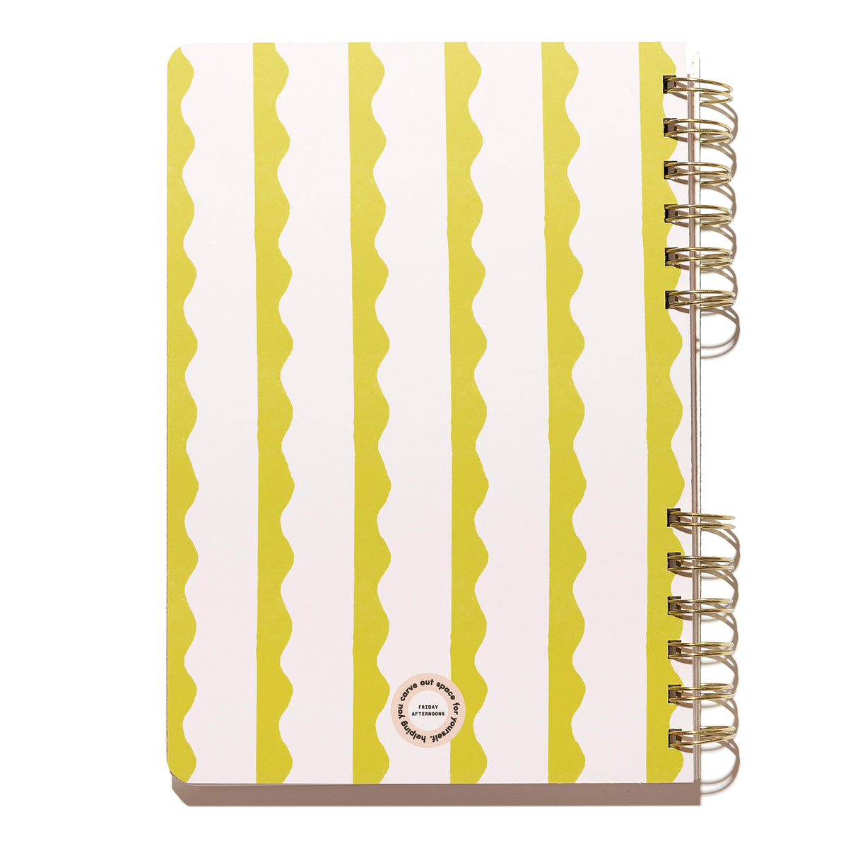 Back cover of the Lima Wavy Stripes spiral notebook featuring bright lima green and white wavy stripes with gold split-spiral binding.