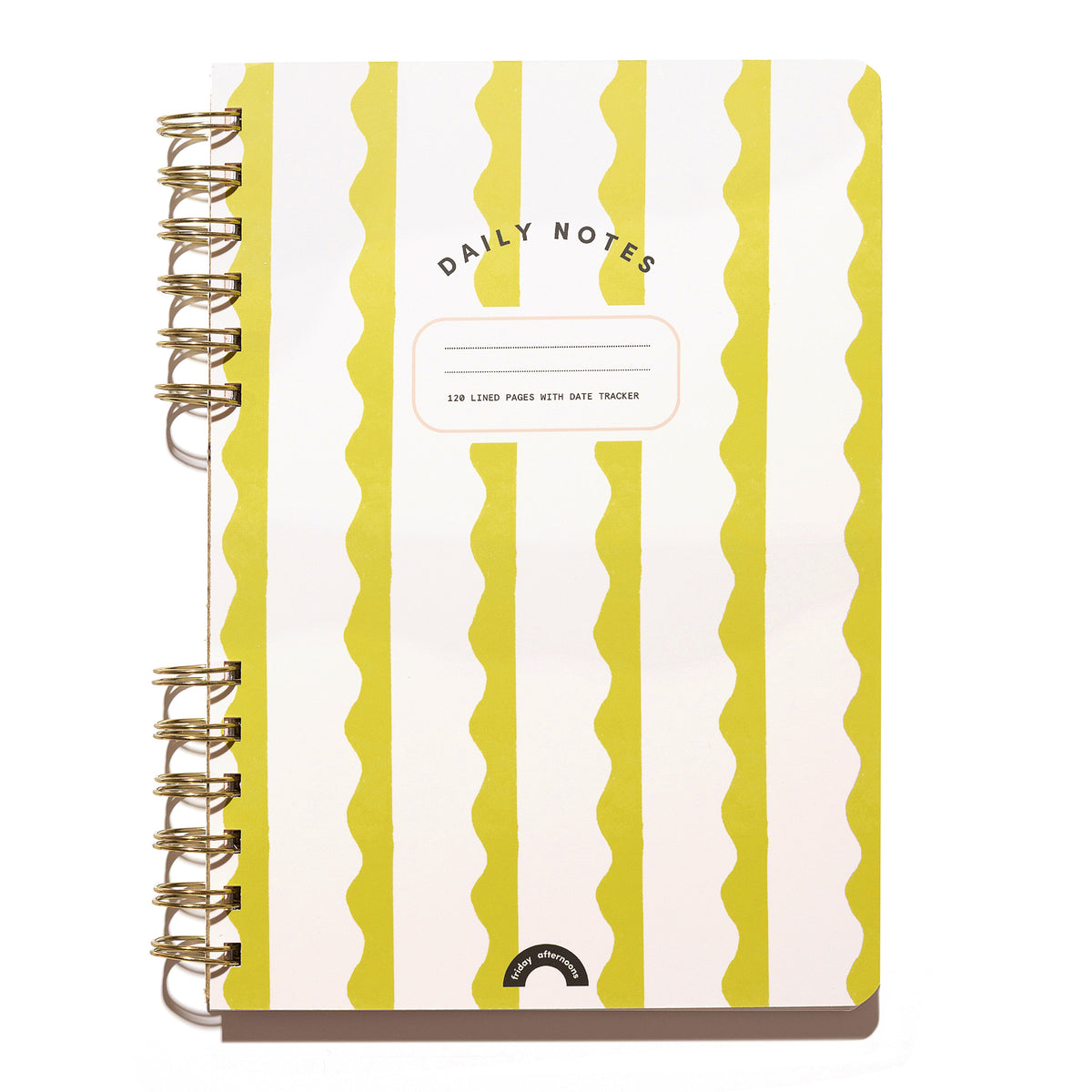 Daily Notes lined spiral notebook in Lima Wavy Stripes featuring bright lima green and white wavy stripes with gold split-spiral binding.