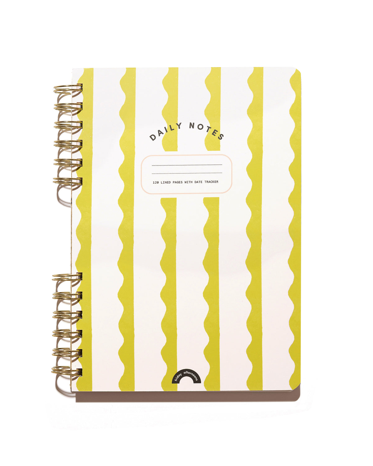 Daily Notes lined spiral notebook in Lima Wavy Stripes featuring bright lima green and white wavy stripes with gold split-spiral binding.