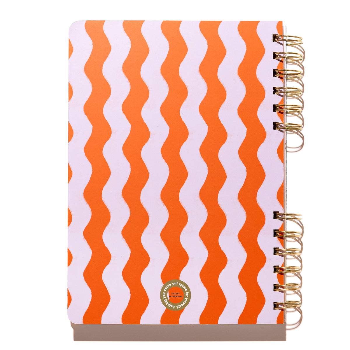 Back cover of the Poppy & Lavender Swirls spiral notebook featuring an orange and lavender wavy pattern with gold split-spiral binding.