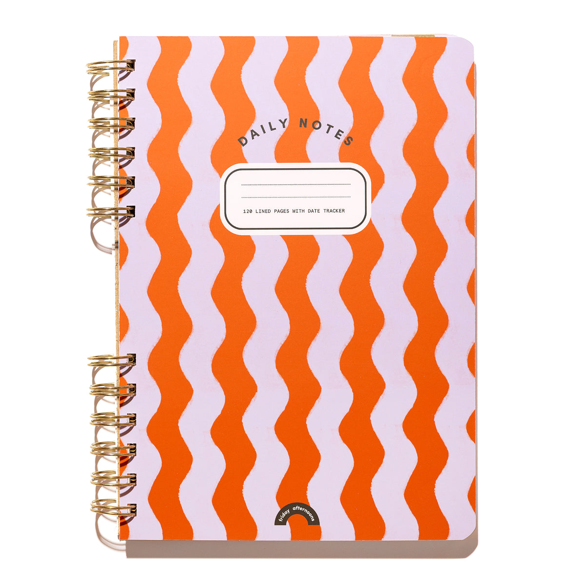 Daily Notes lined spiral notebook in Poppy & Lavender Swirls with an orange and lavender wavy cover and gold split-spiral binding.