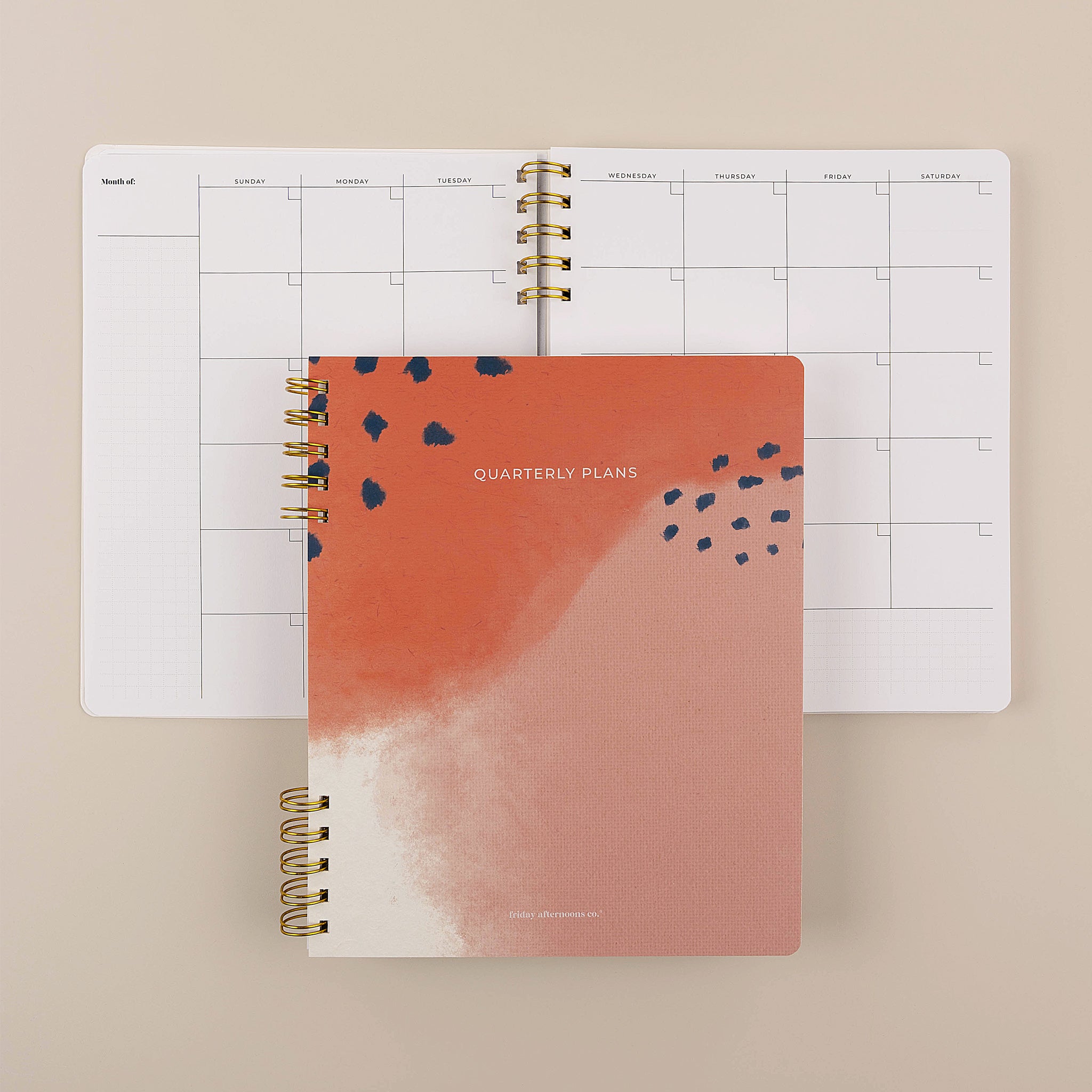 Polka dot quarterly planner cover with monthly calendar by Friday Afternoons Co