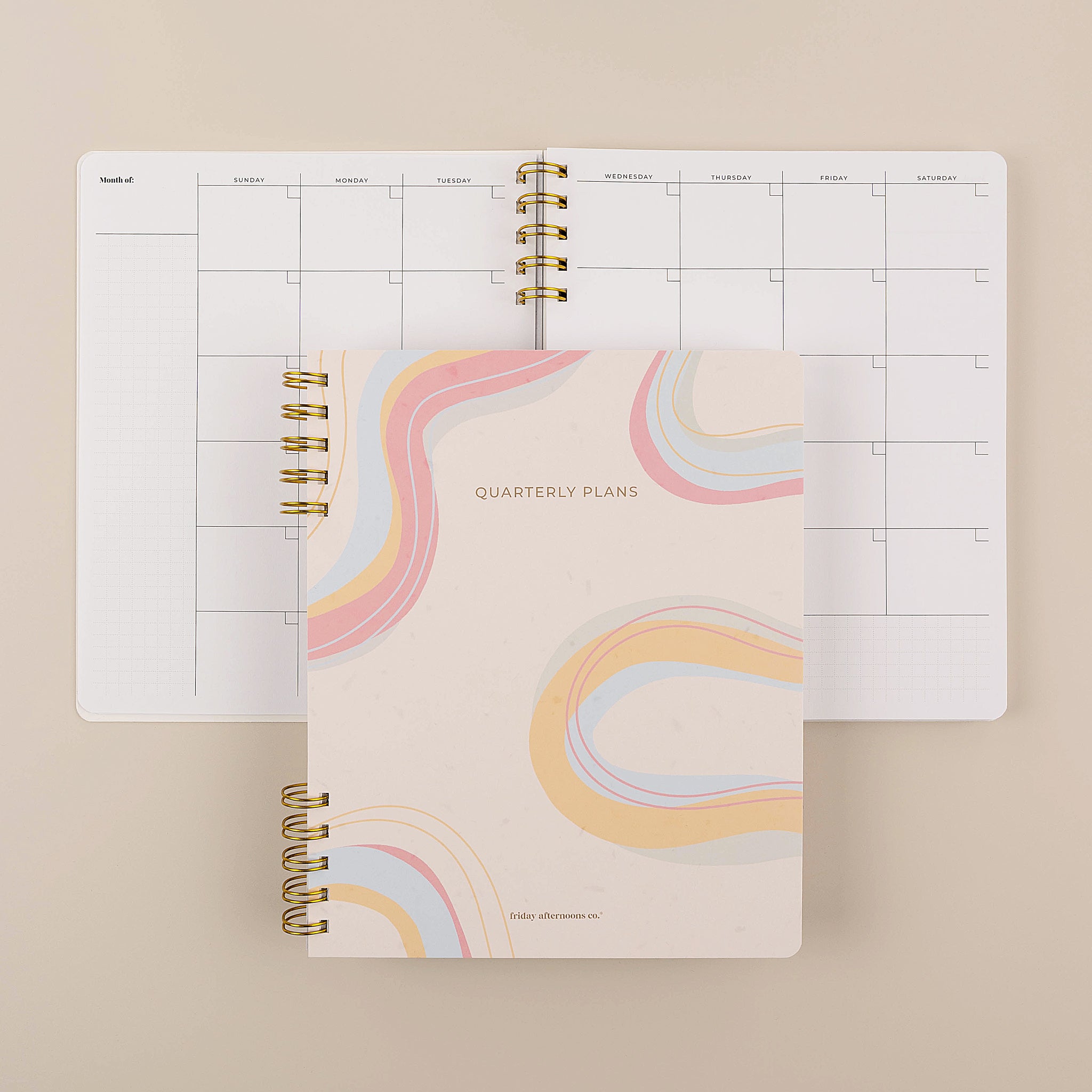Swirly lines quarterly planner cover with monthly calendar by Friday Afternoons Co
