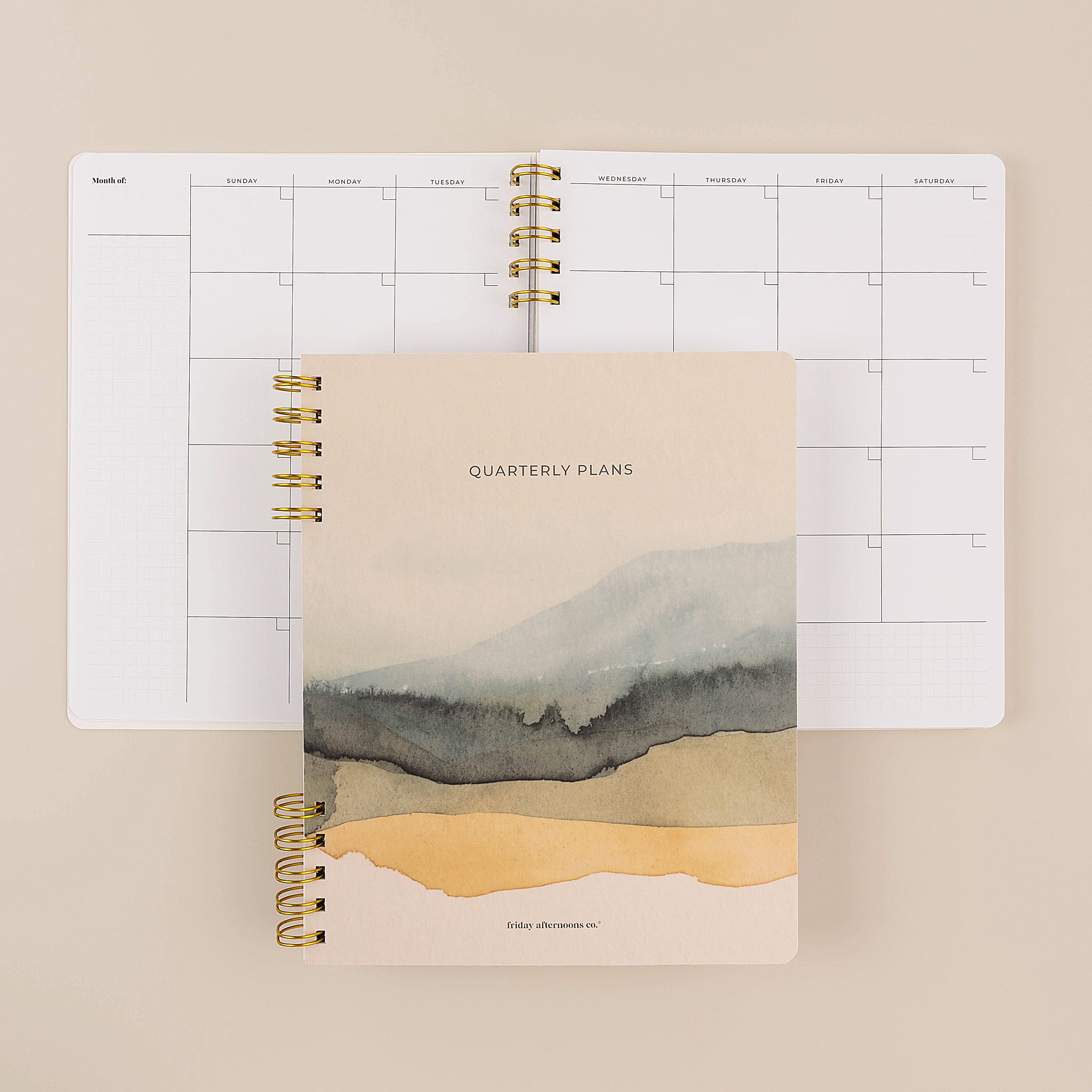 Watercolor landscape quarterly planner cover with monthly calendar by Friday Afternoons Co