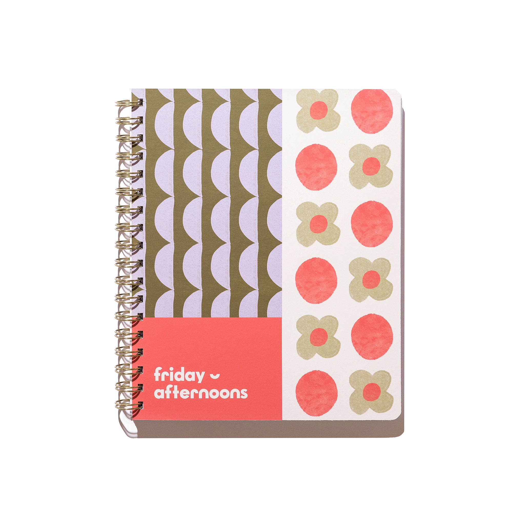 Lavender Scallop Quarterly Plans 90-Day Planner front cover with gold spiral binding, lavender scallop pattern, coral panel, floral pattern, and white background.