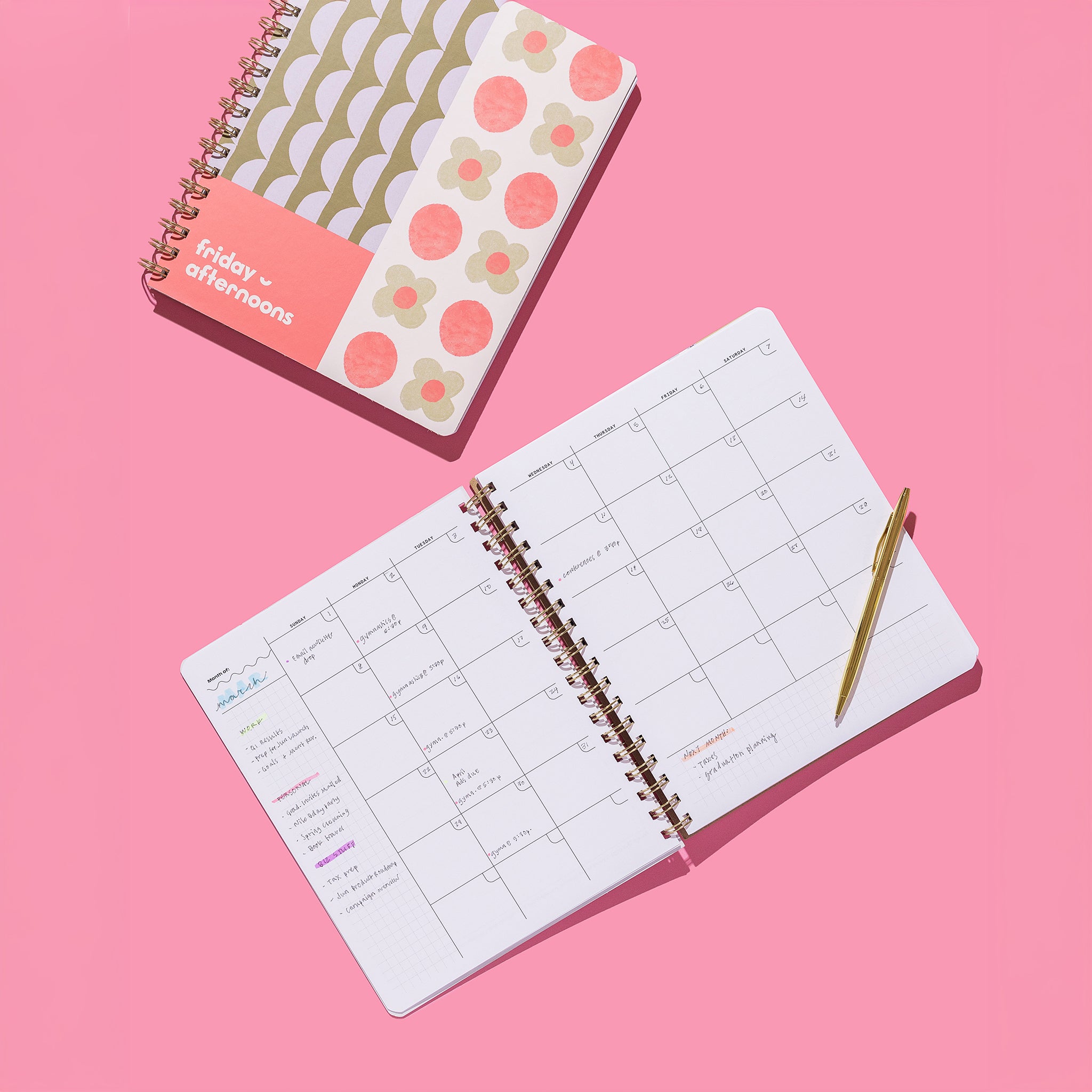 Lavender Scallop Quarterly Plans 90-Day Planner with floral and scallop cover shown beside open monthly calendar pages and gold pen on a pink background.