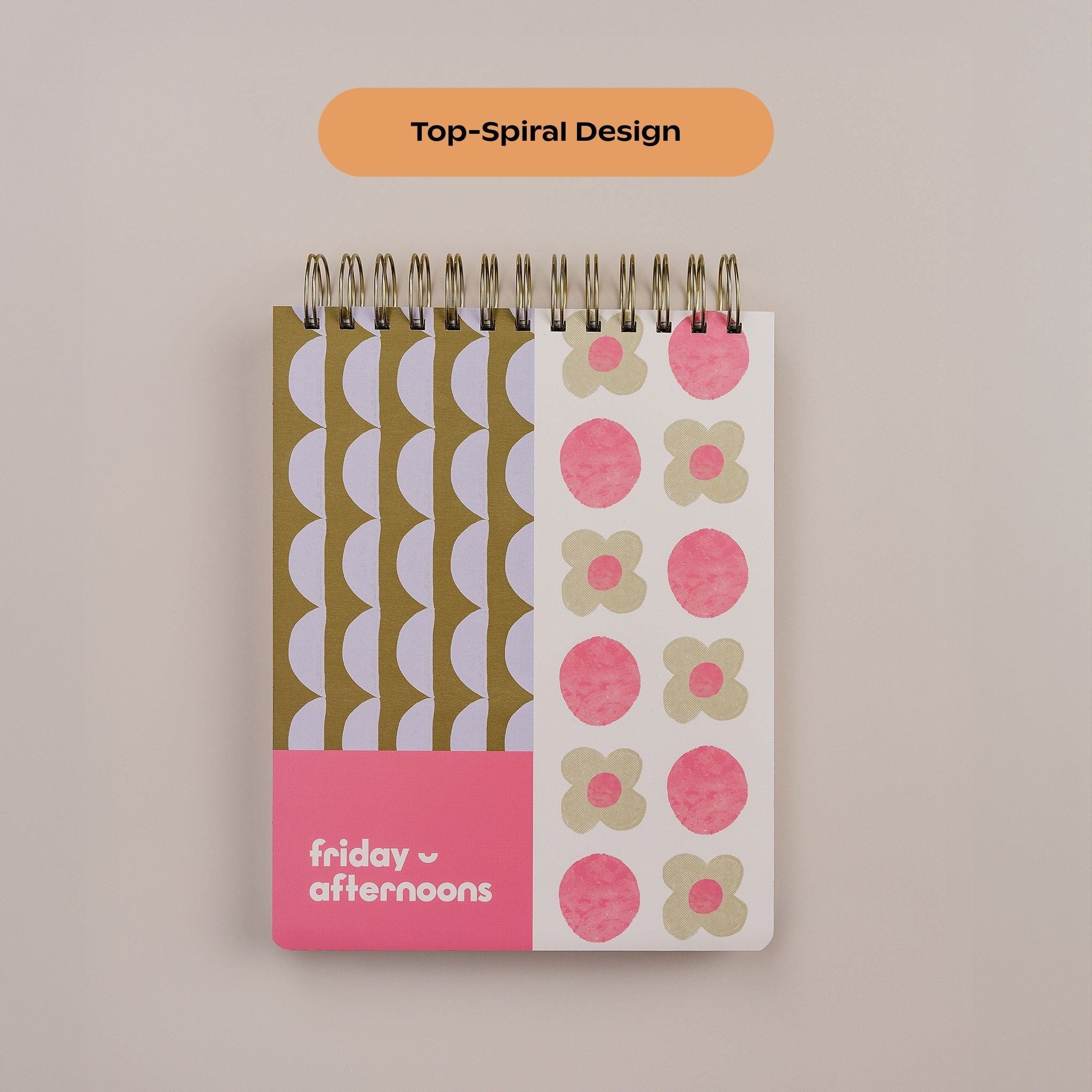 Close-up of the Workday Planner top-spiral binding and Lavender Scallop patterned cover.