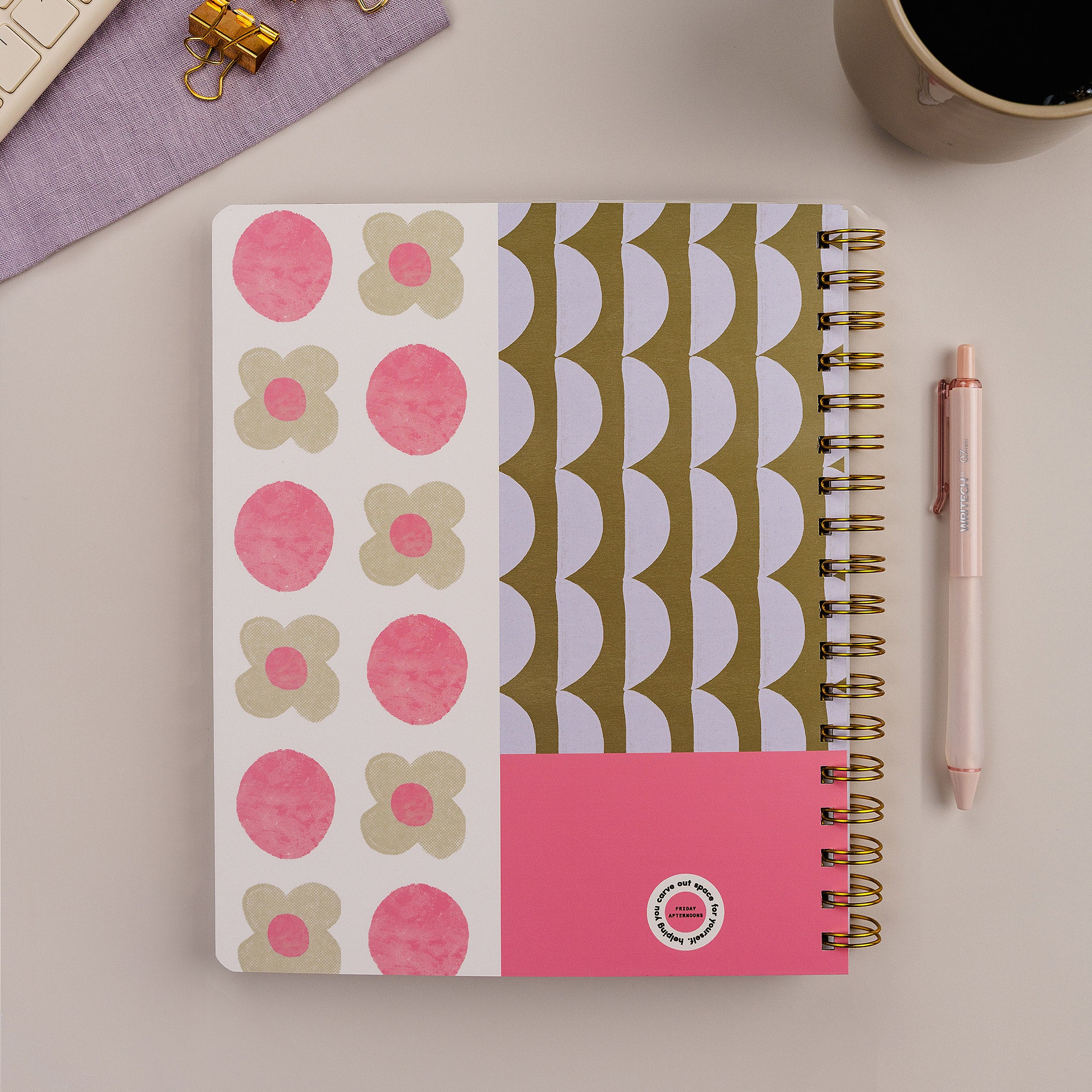 Lavender Scallop Quarterly Planner styled with pen and office accessories on neutral desk surface.