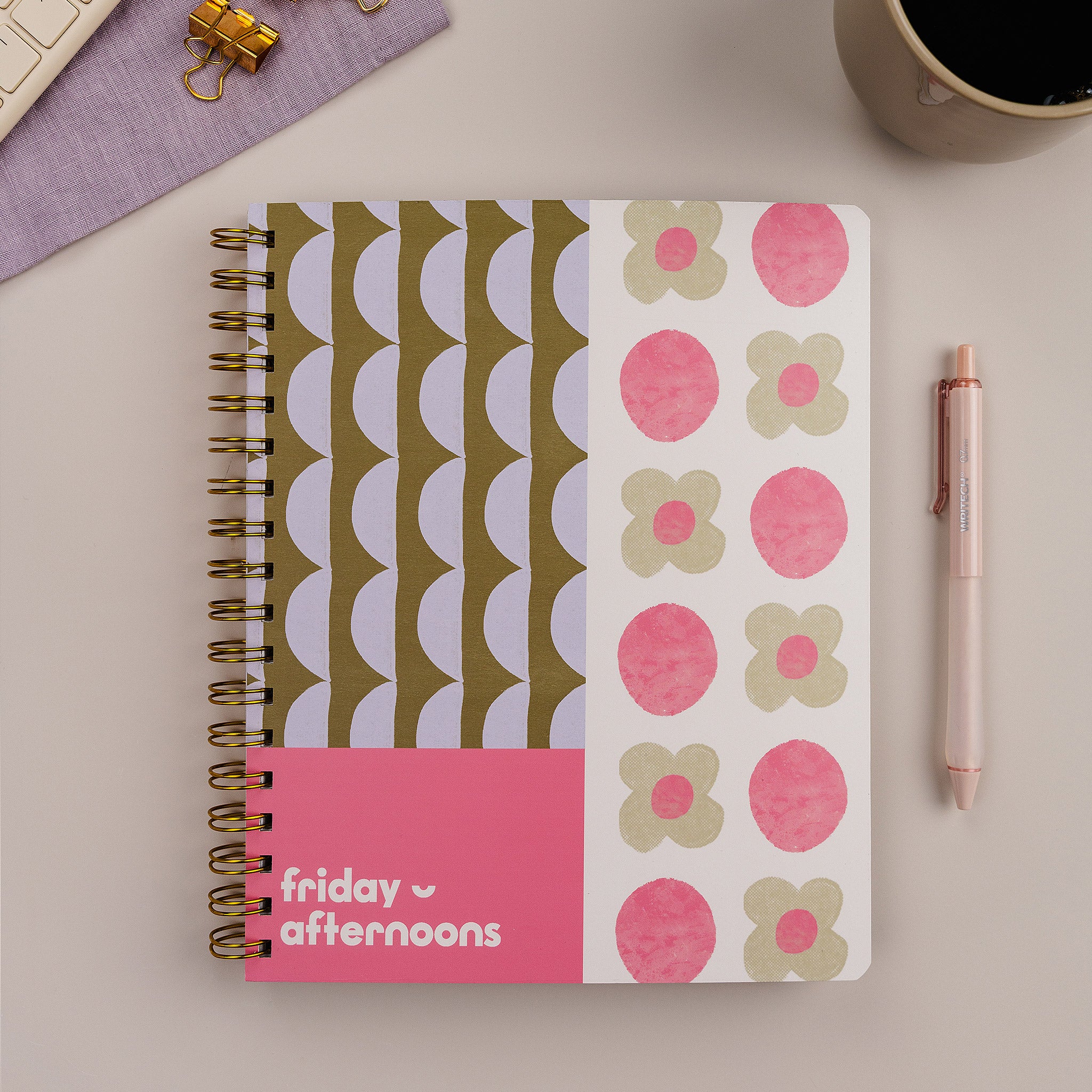 Lavender Scallop 90-Day Planner styled with pen and desk accessories on a neutral background.