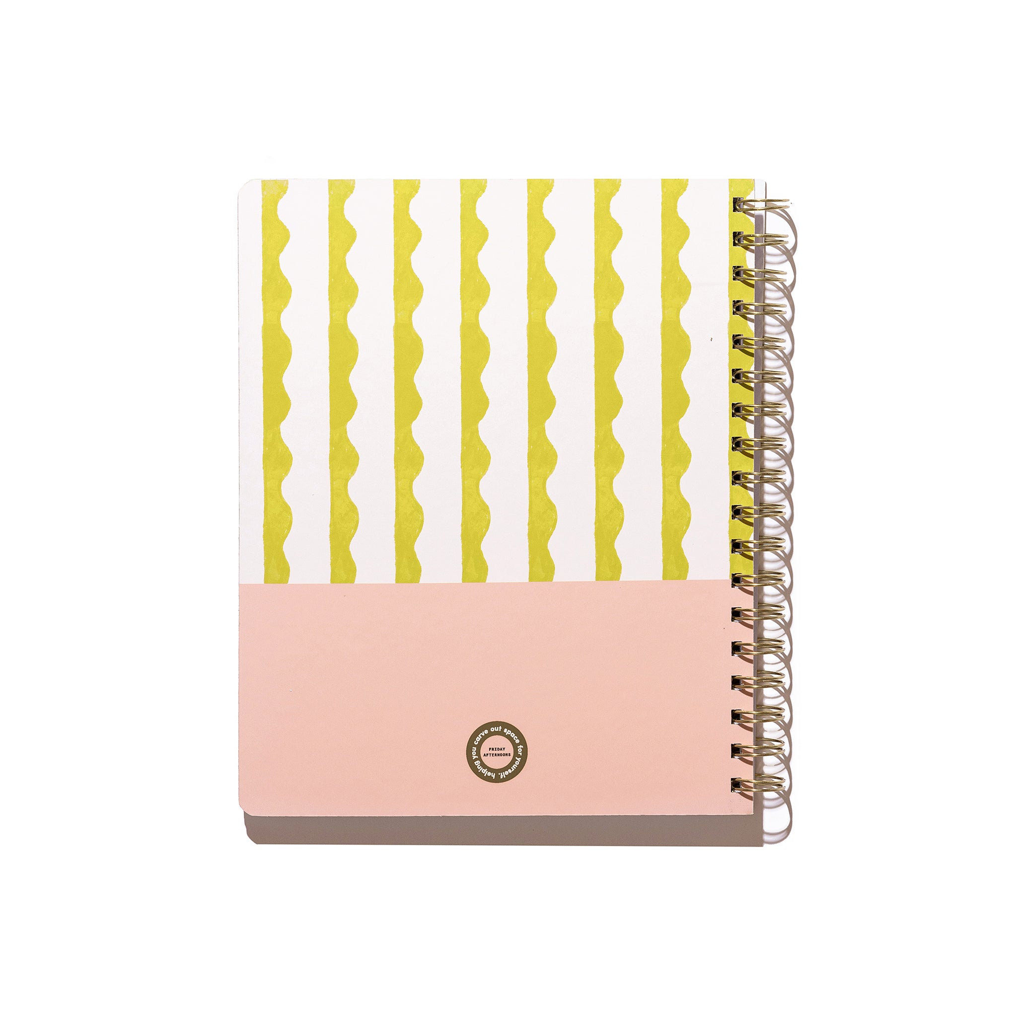 Back cover of the Lima Wavy Stripes Quarterly Plans 90-Day Planner with gold spiral binding, yellow wavy stripe pattern, pale pink panel, and white background.