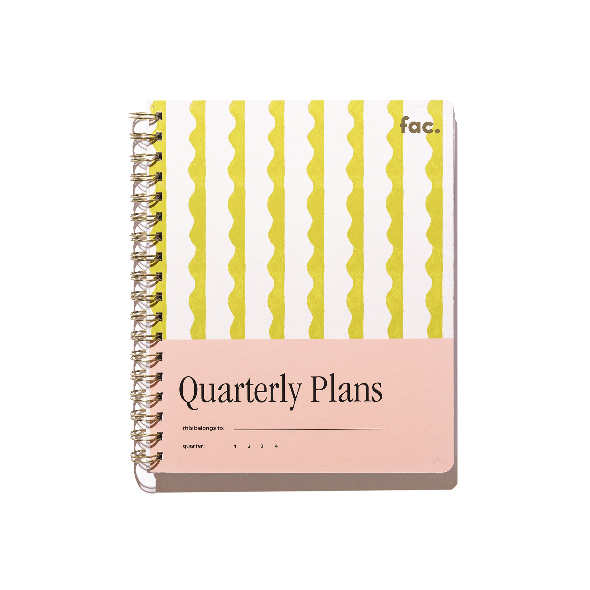 Lima Wavy Stripes Quarterly Plans 90-Day Planner front cover with gold spiral binding, yellow wavy stripe pattern, pale pink title panel, and white background.