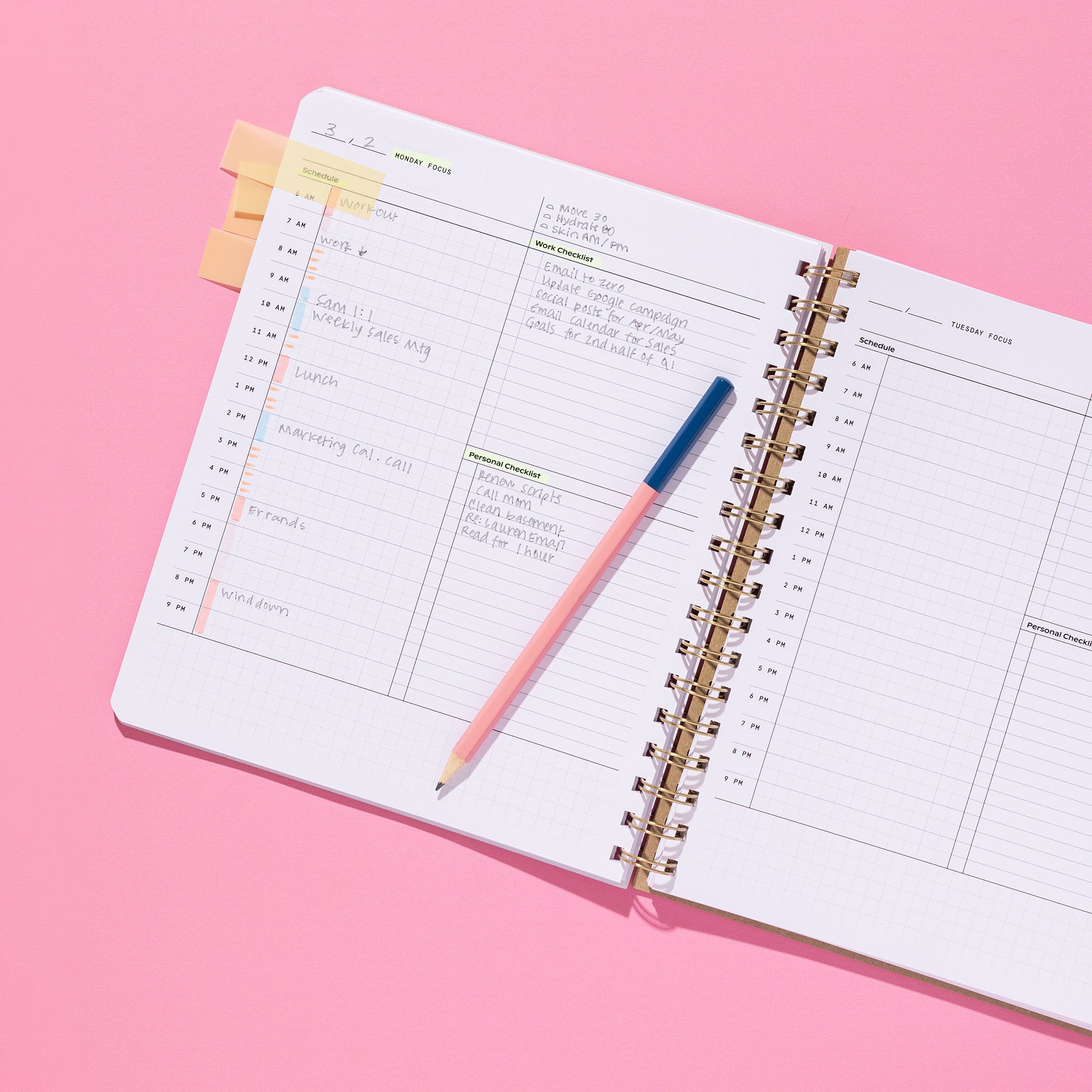 Quarterly Plans daily planning pages with hourly schedule, work checklist, personal checklist, sticky tabs, and pink pencil on a pink background.