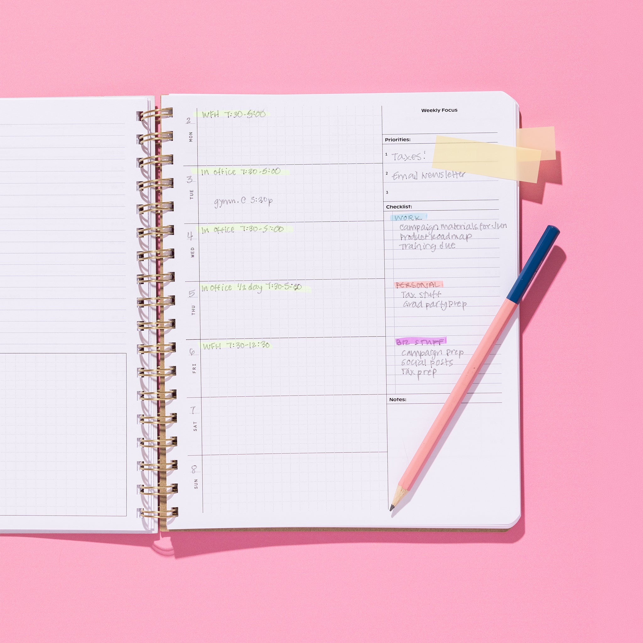 Quarterly Plans weekly planning page with weekly focus, priorities, checklist, notes section, sticky tabs, and pink pencil on a pink background.