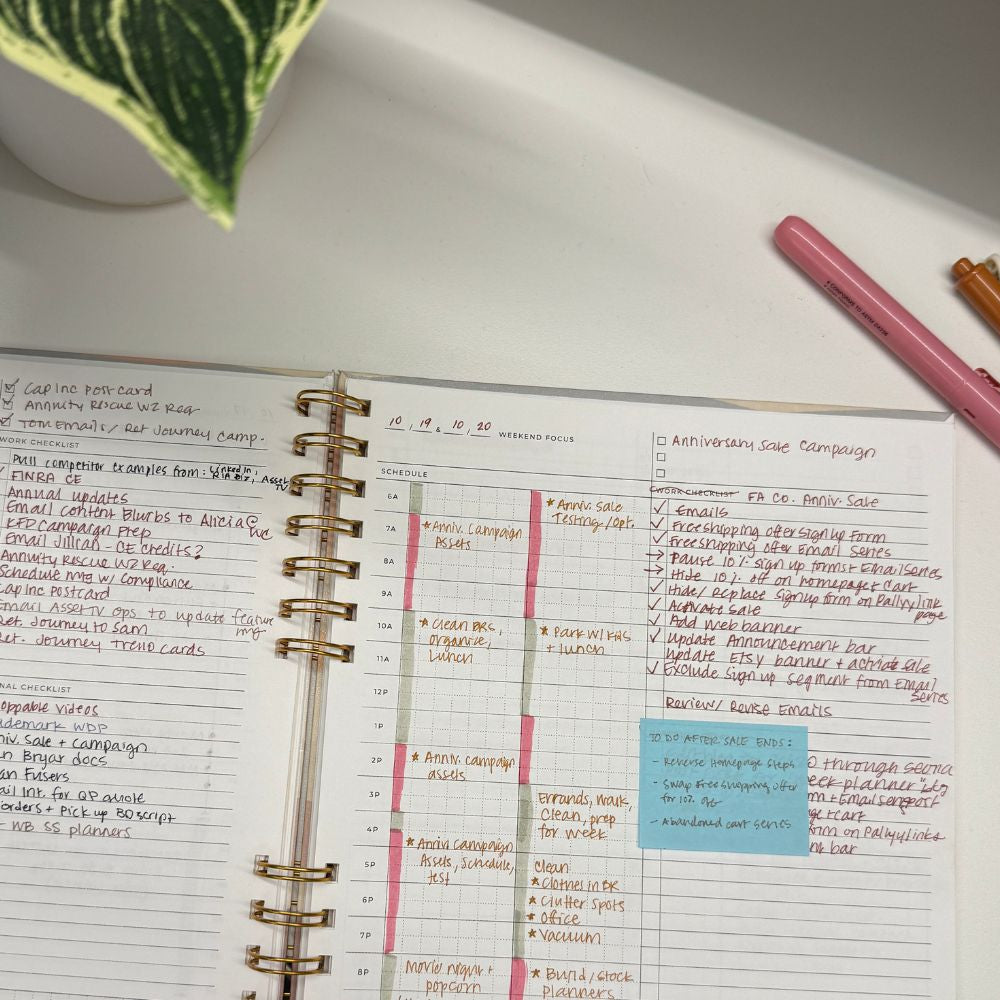 friday afternoons quarterly plans 90 day planner on desk completed with time blocking examples task management and prioritization laid on desk with plan and accessories