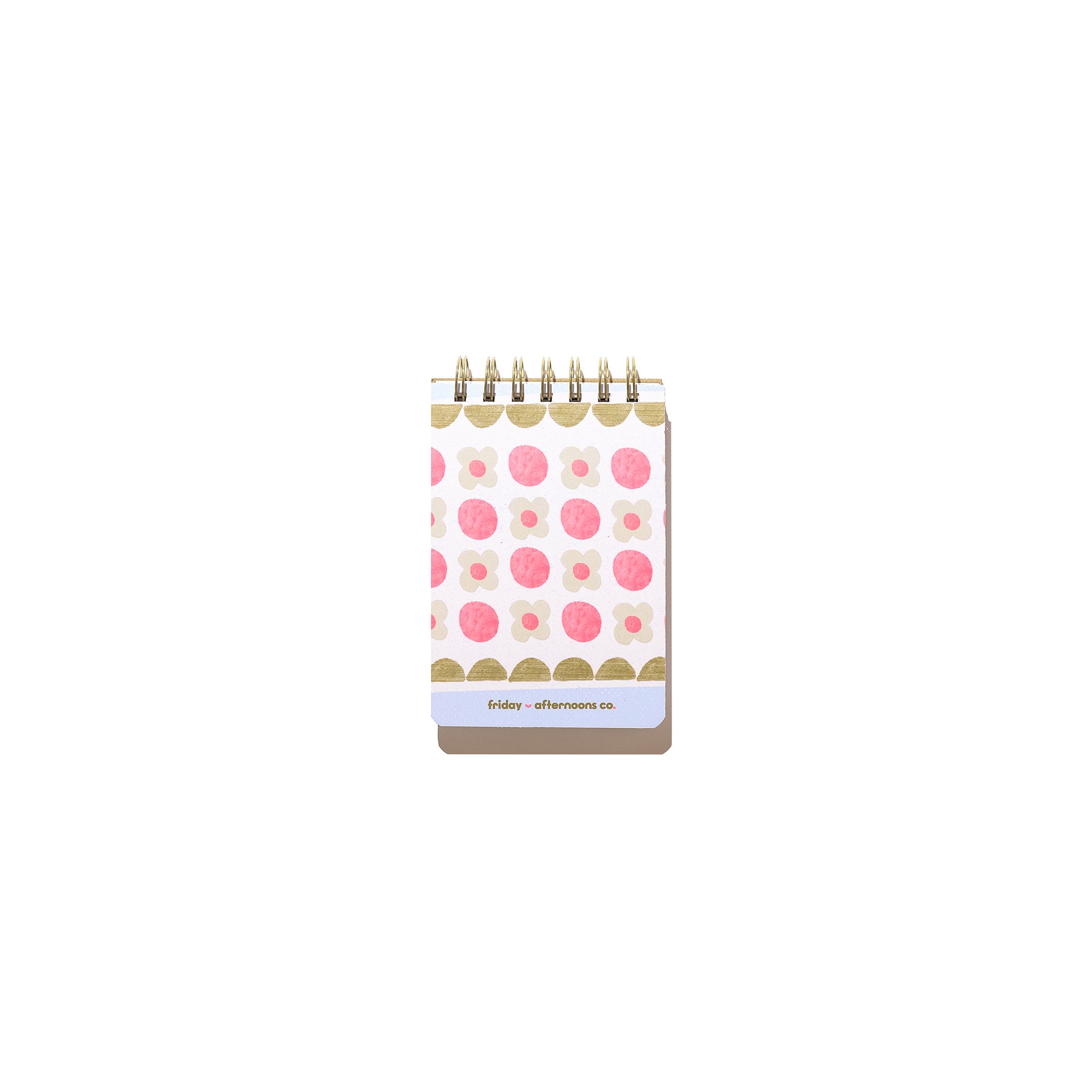 Sage Blooms Mini Memo Notebook with top spiral binding, pink dots, sage flower pattern, gold scallop detail, and light blue panel on a white background.