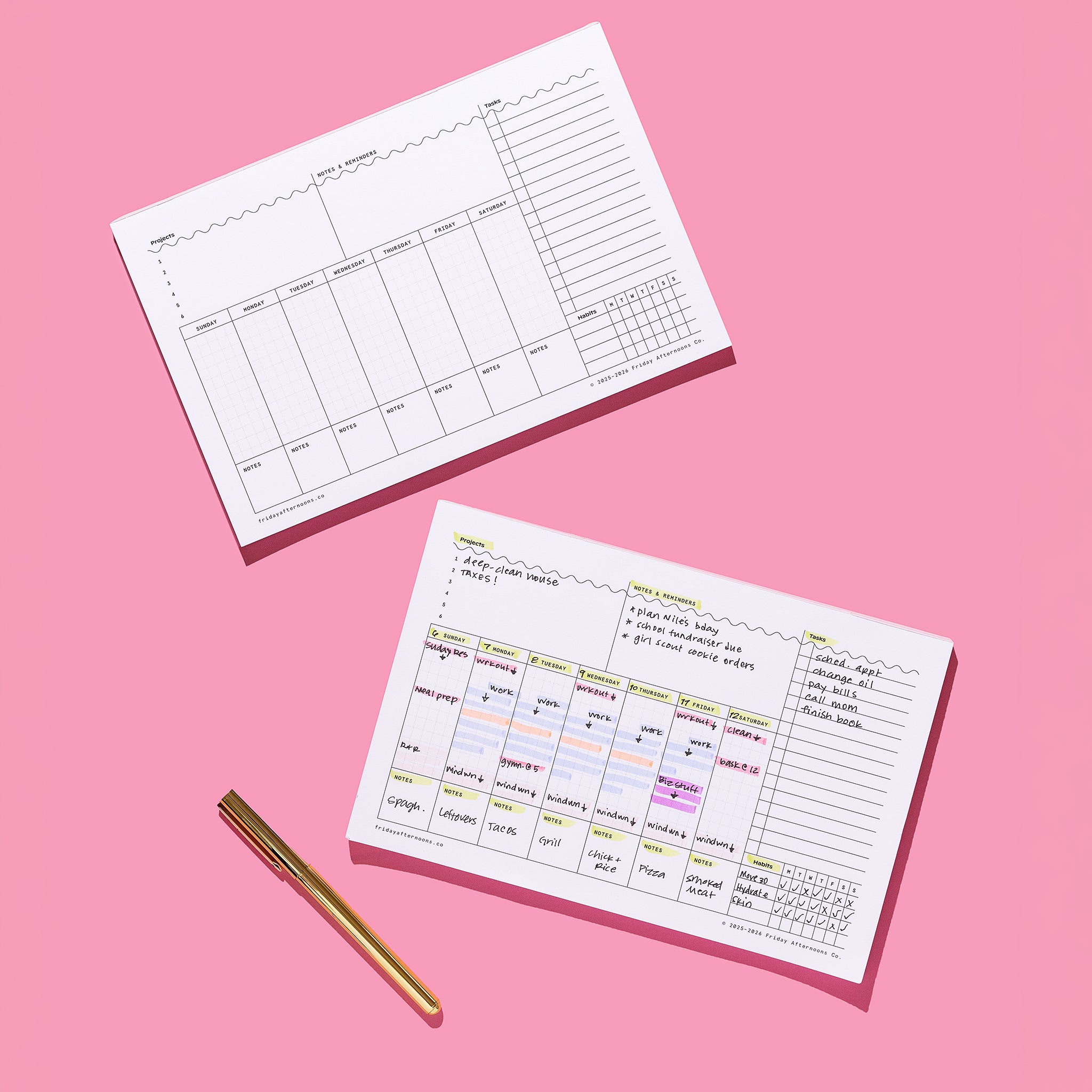 Weekly Task Tracker Notepad shown blank and filled out on a pink background with a gold pen for planning tasks, projects, habits, and reminders.