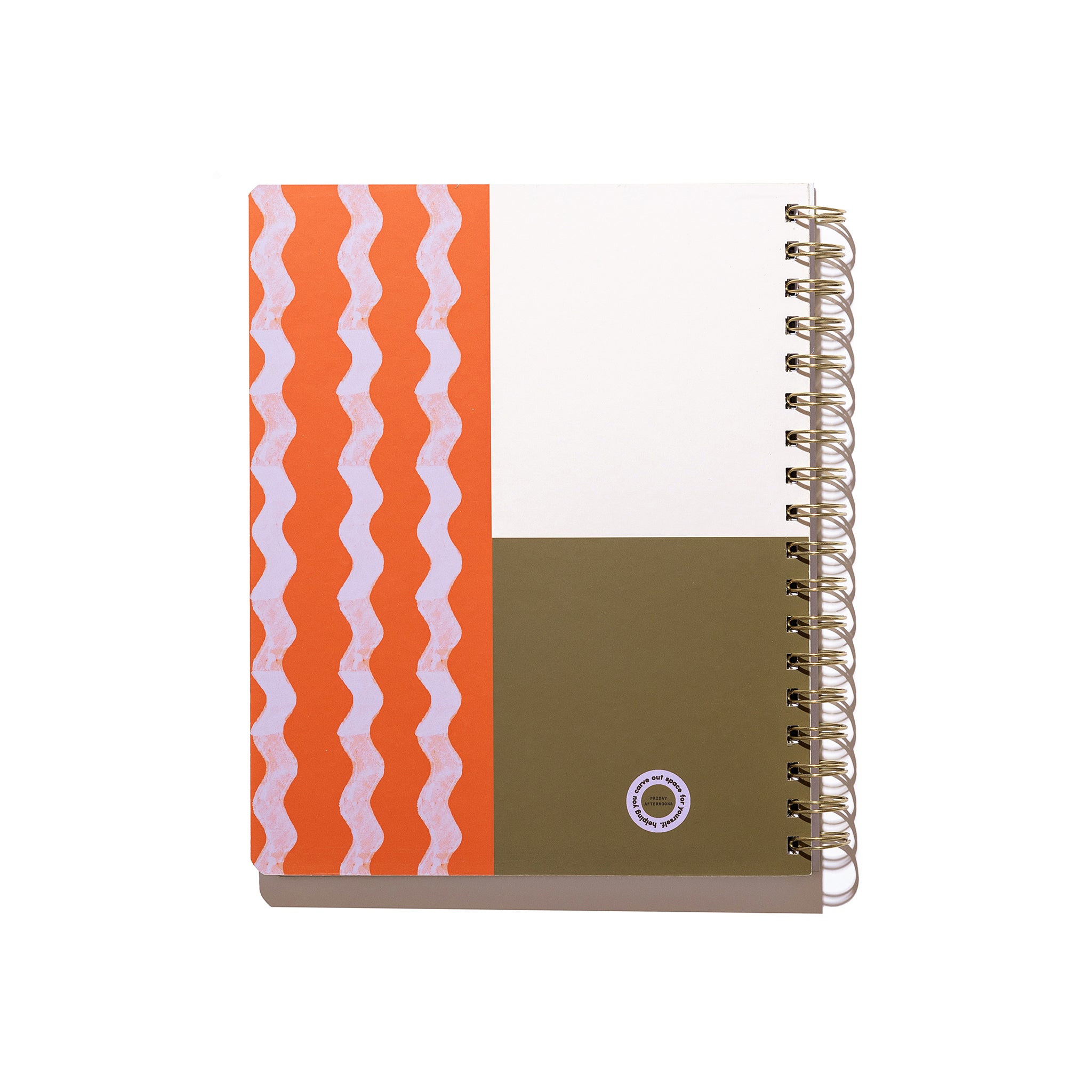 Back cover of the Tulip Wave Quarterly Plans 90-Day Planner with gold spiral binding, orange wave pattern, olive green panel, and white background.