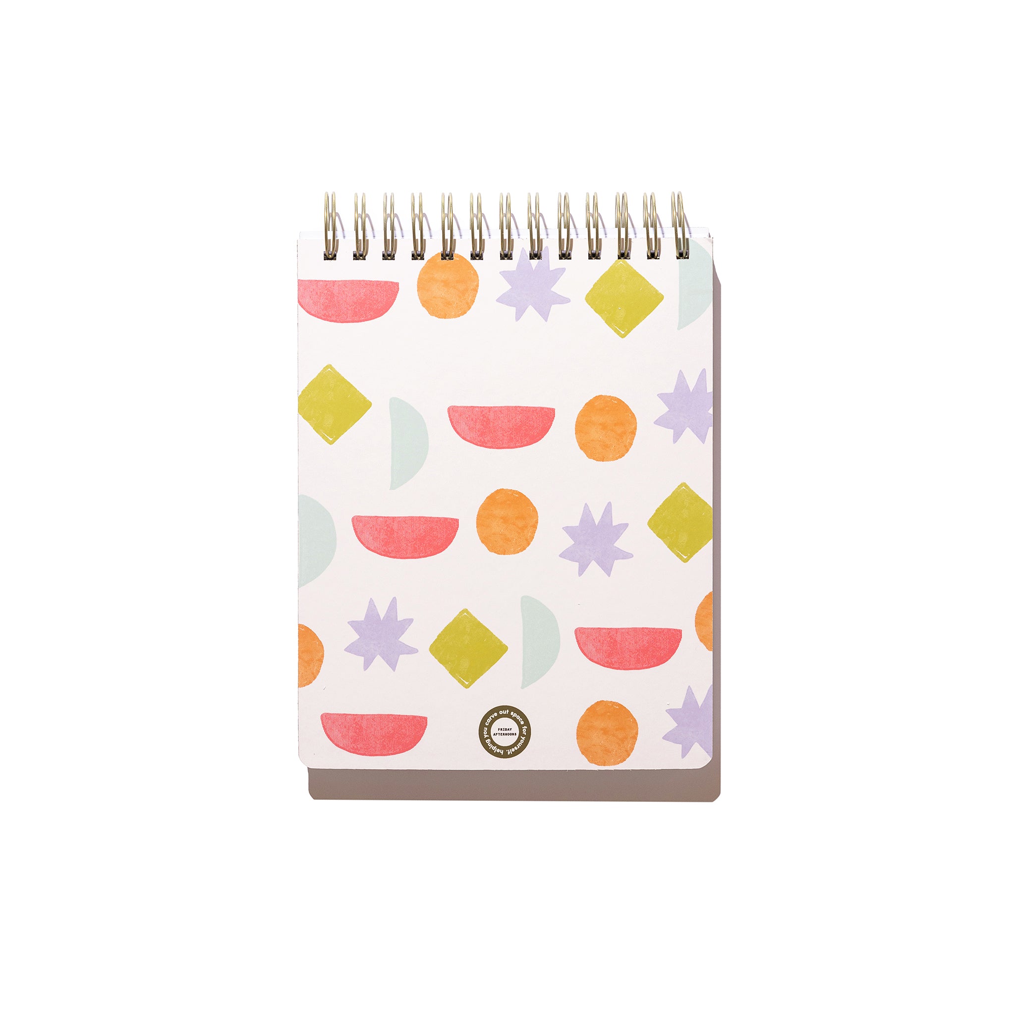 Back cover of the Bright Shapes Workday Planner with colorful geometric shapes and gold top-spiral binding.