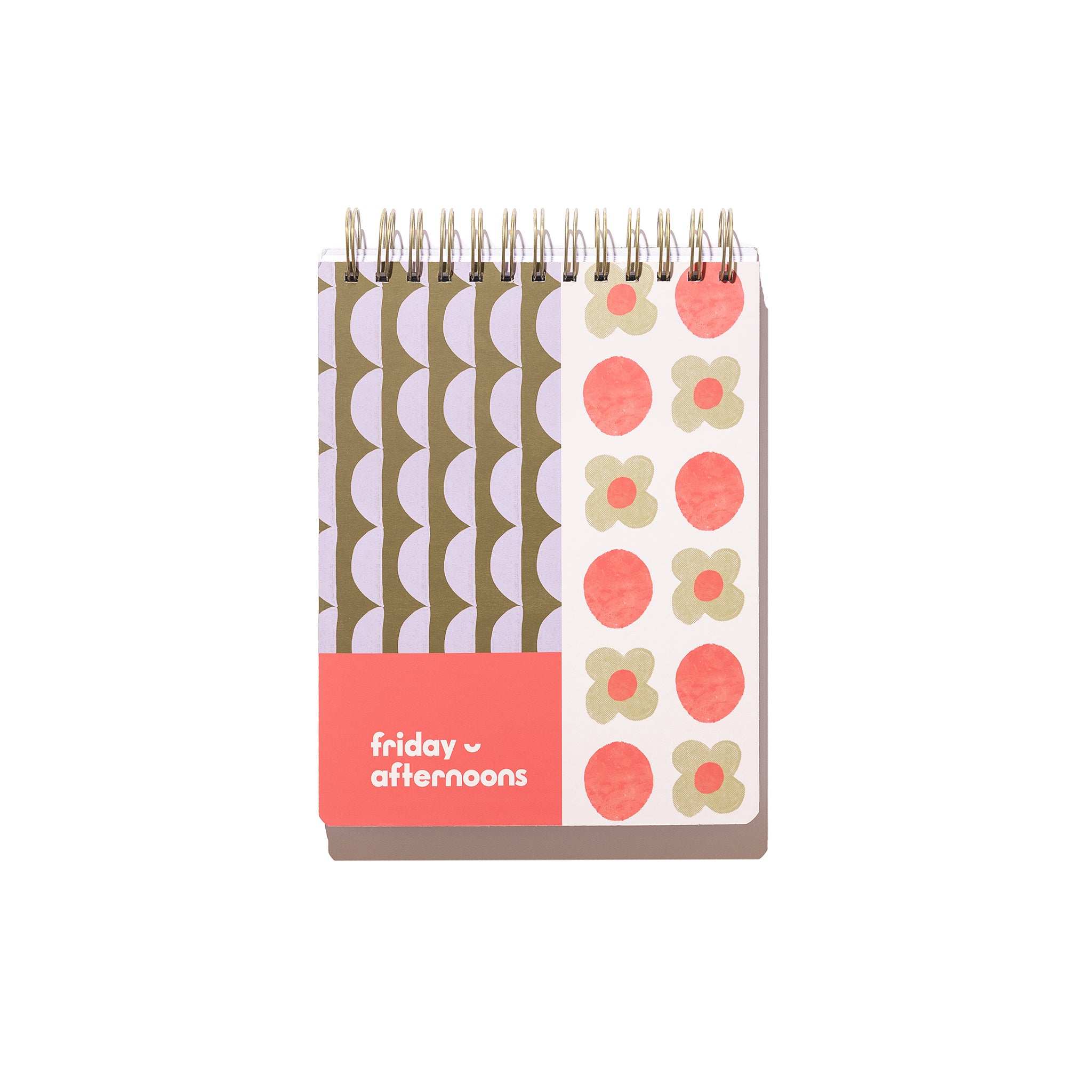 Front cover of the Lavender Scallop Workday Planner with lavender scallop stripes, coral dots and flower pattern, Friday Afternoons logo, and gold top-spiral binding.