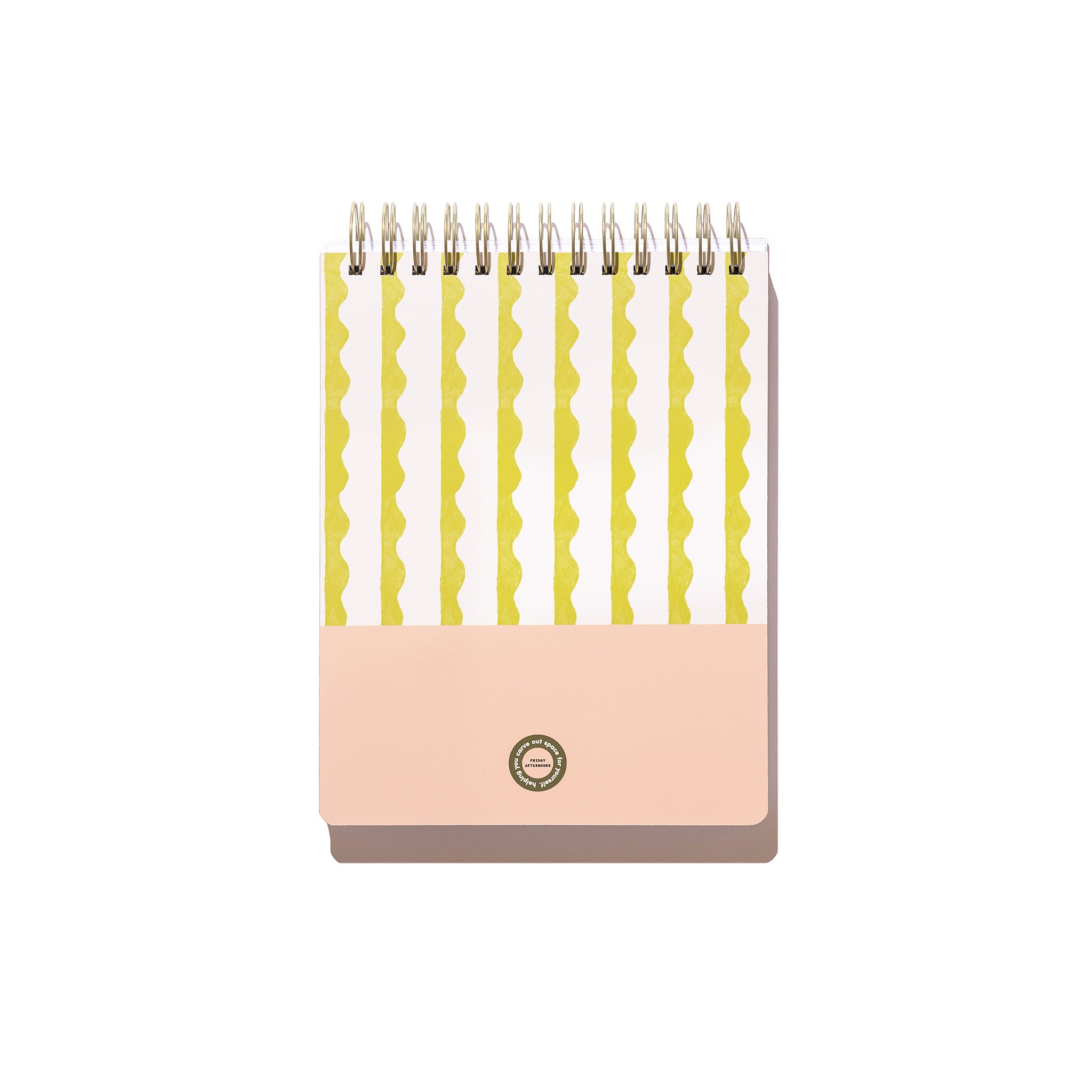 Back cover of the Lima Wavy Stripes Workday Planner with top spiral binding, yellow wavy stripe pattern, pale pink panel, and white background.