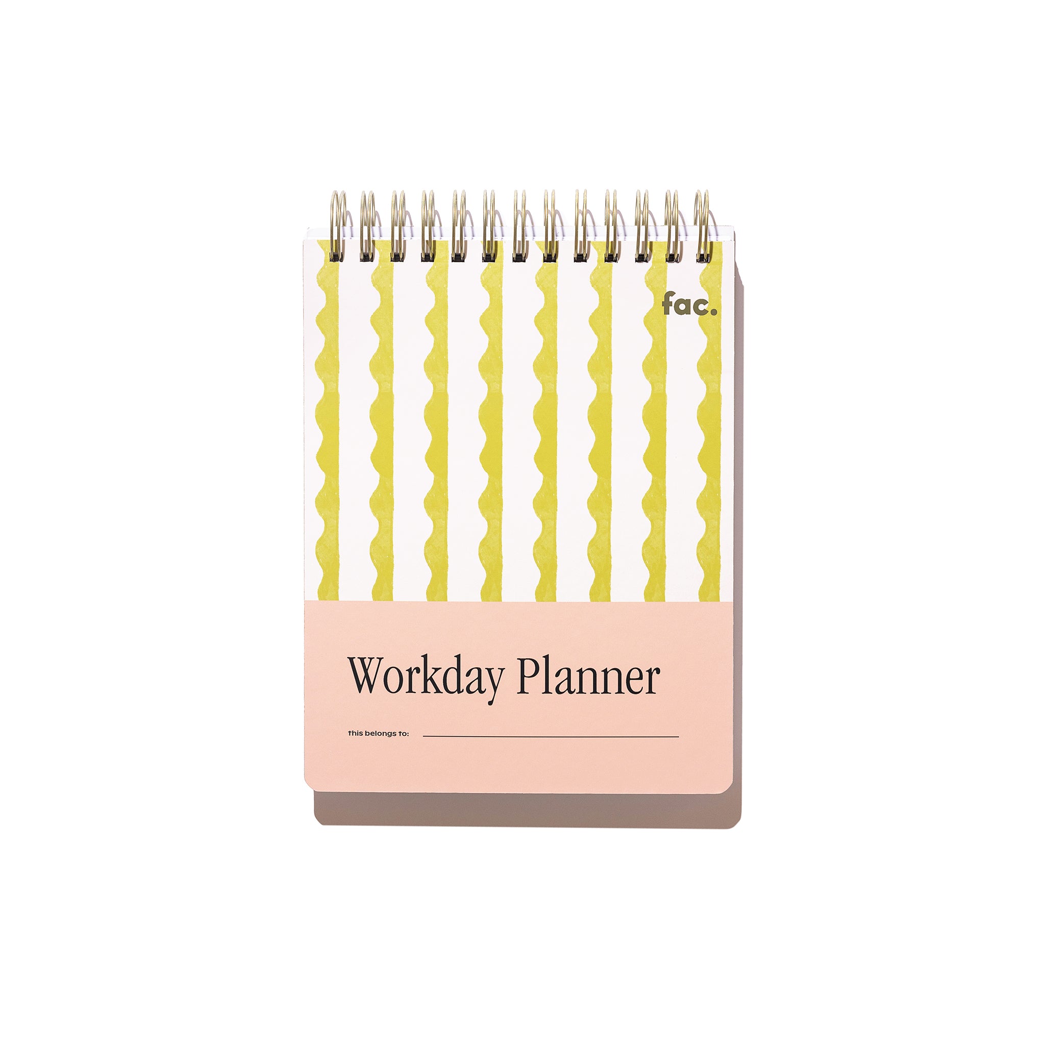 Lima Wavy Stripes Workday Planner front cover with top spiral binding, yellow wavy stripe pattern, pale pink title panel, and white background.