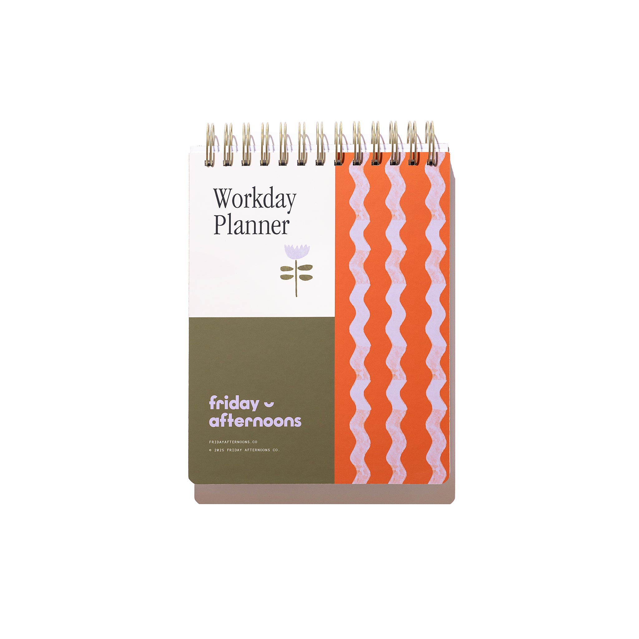 Front cover of the Tulip Wave Workday Planner with orange wavy stripes, olive color block, flower detail, and gold top-spiral binding.