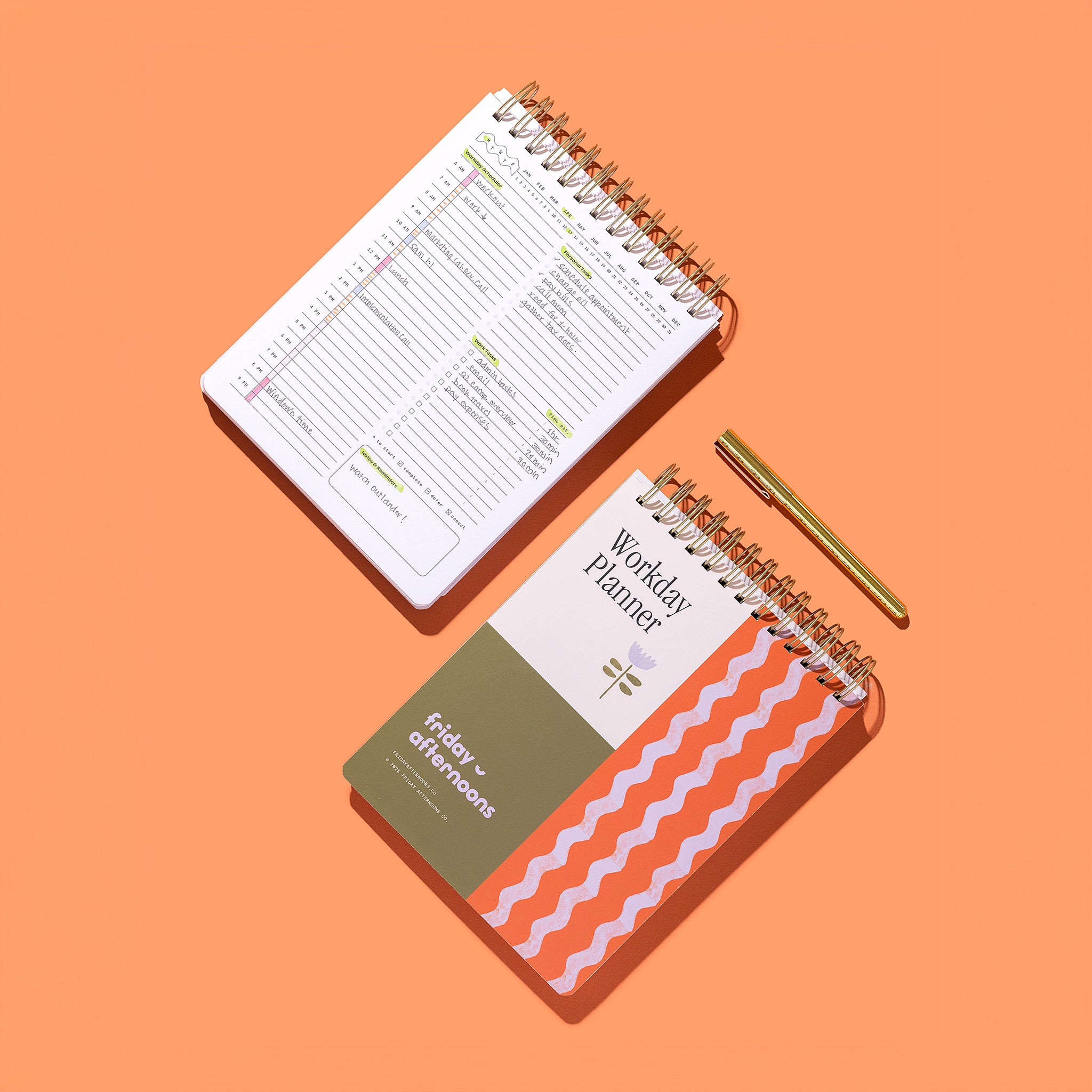 Tulip Wave Workday Planner with an open daily planning page, top-spiral binding, and gold pen on an orange background.