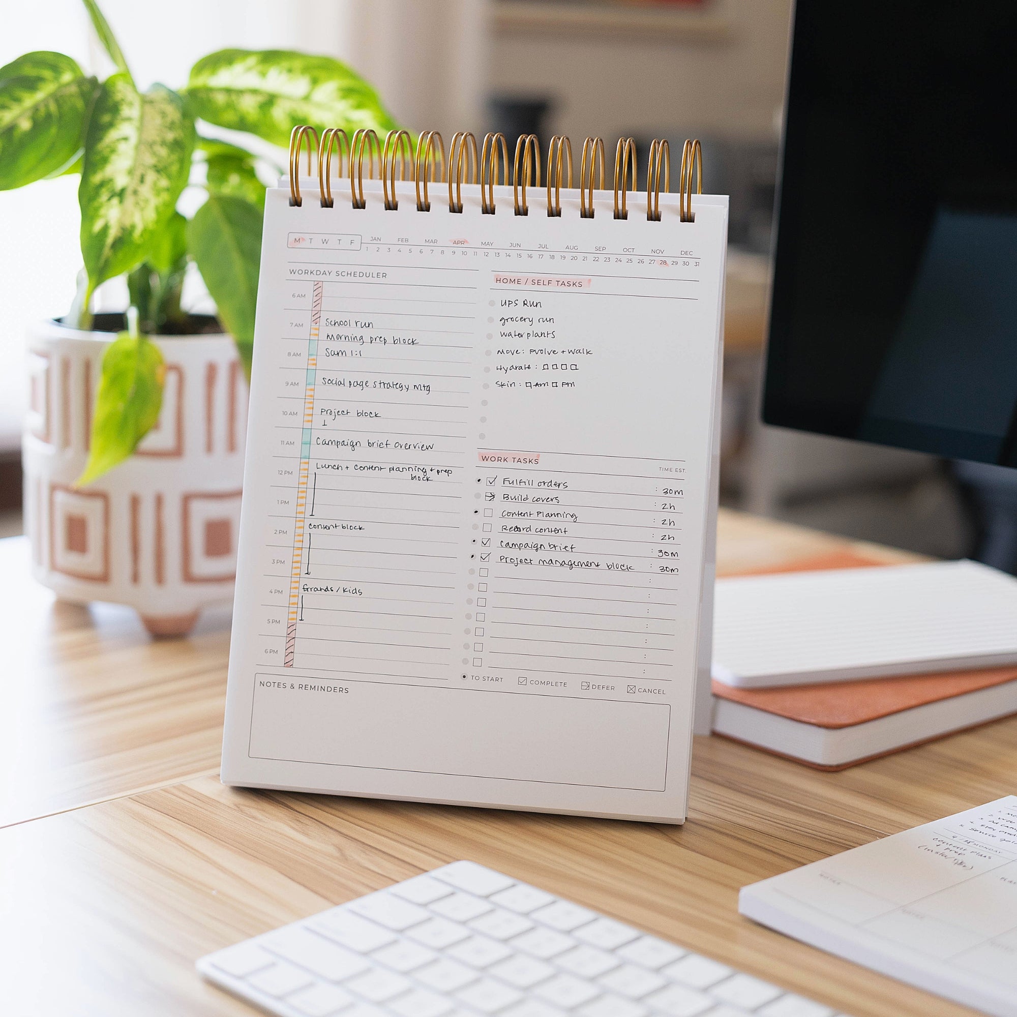 daily notebook with a to-do list on a desk with a plant and computer in the background