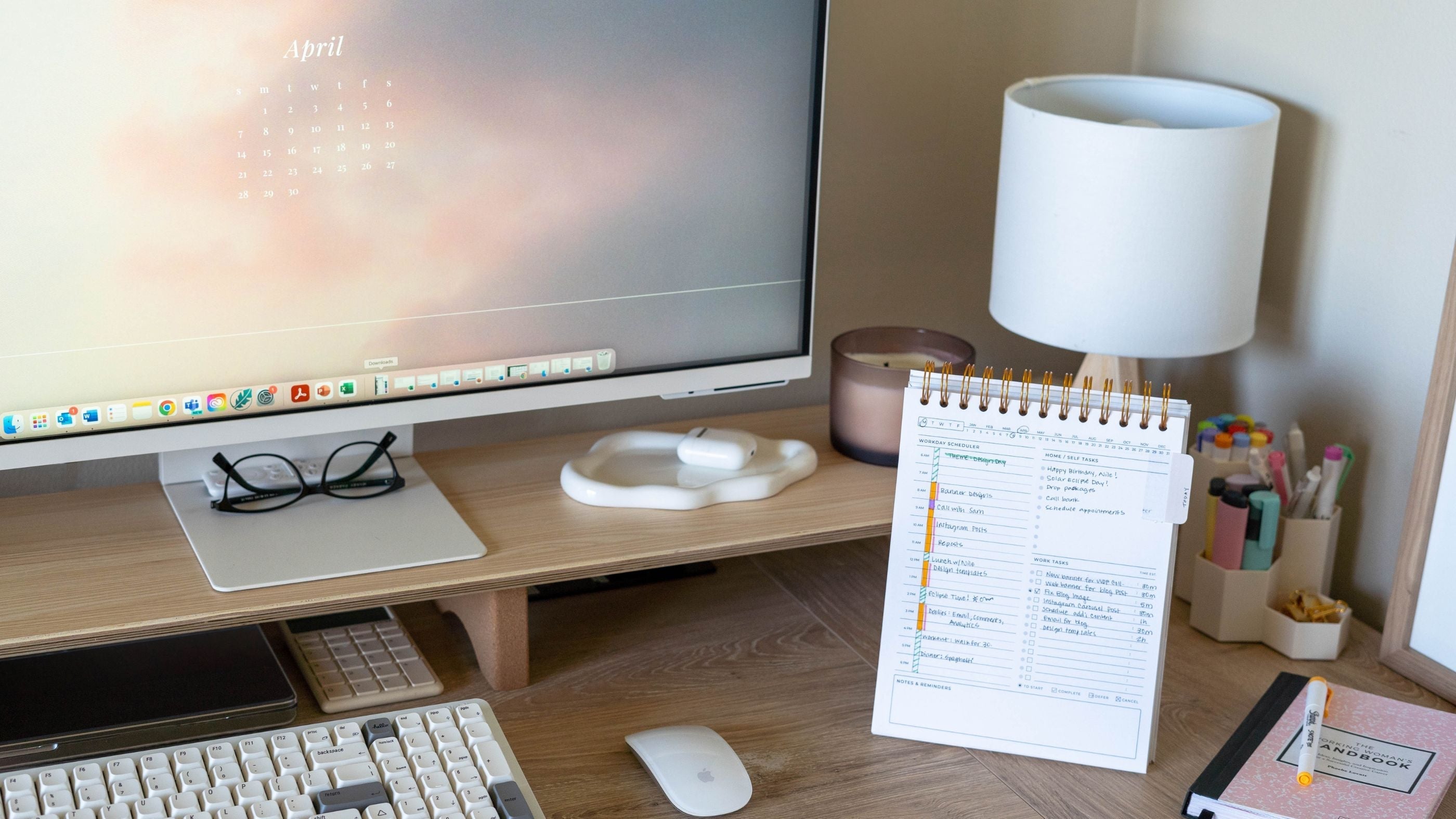 work from home organized desk space with workday planner daily planner by friday afternoons co