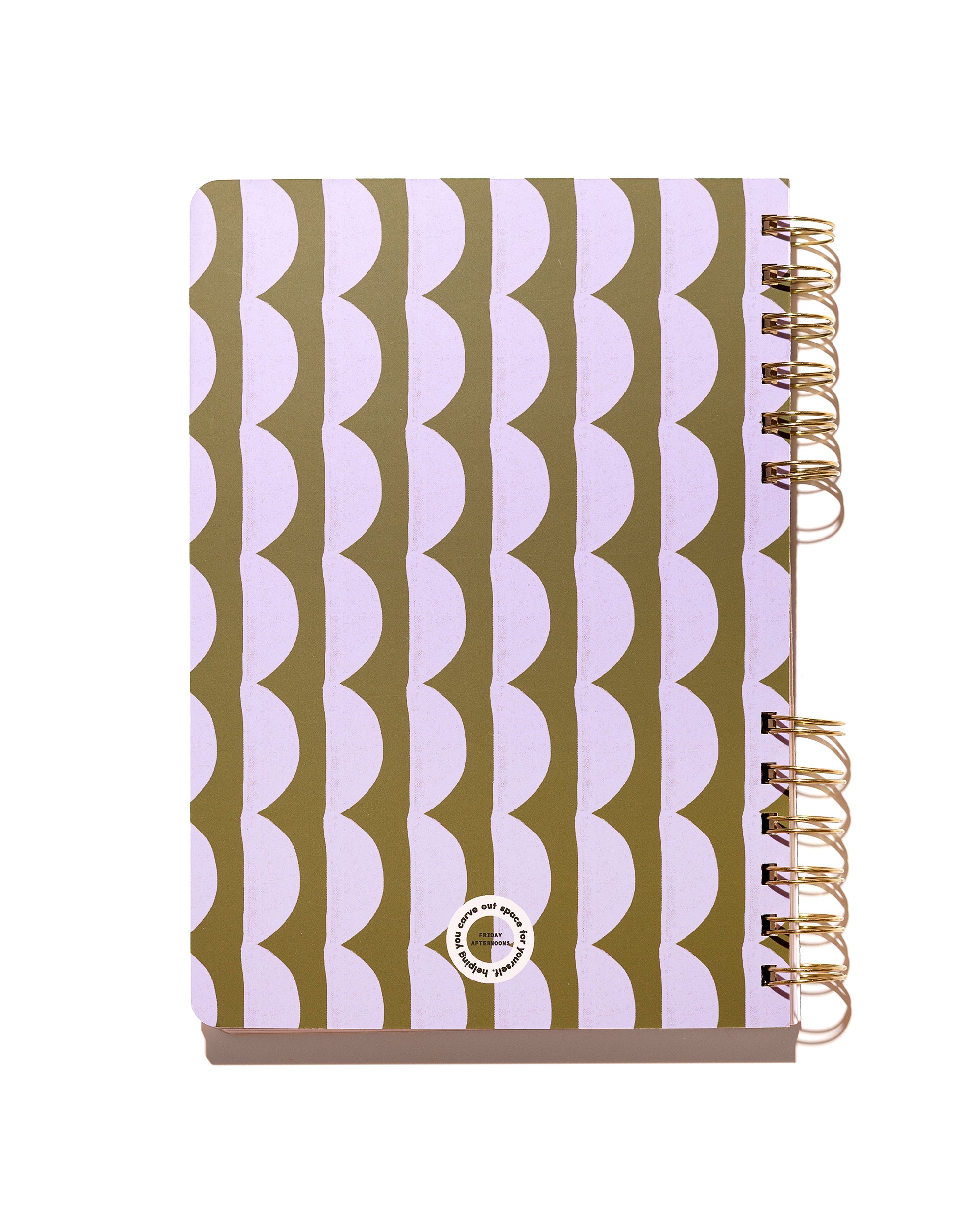 Back cover of Forest and Lavender Half Moons notebook showing the repeating lavender and forest pattern.