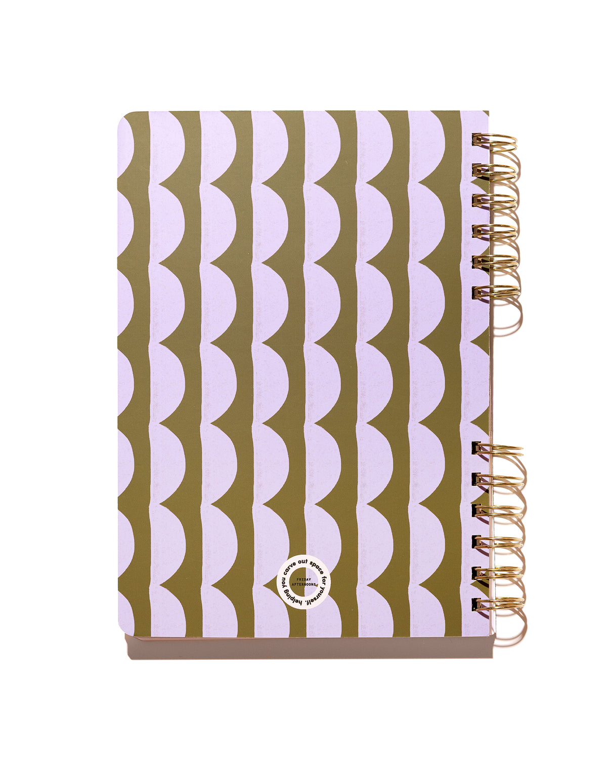 Back cover of Forest and Lavender Half Moons notebook showing the repeating lavender and forest pattern.