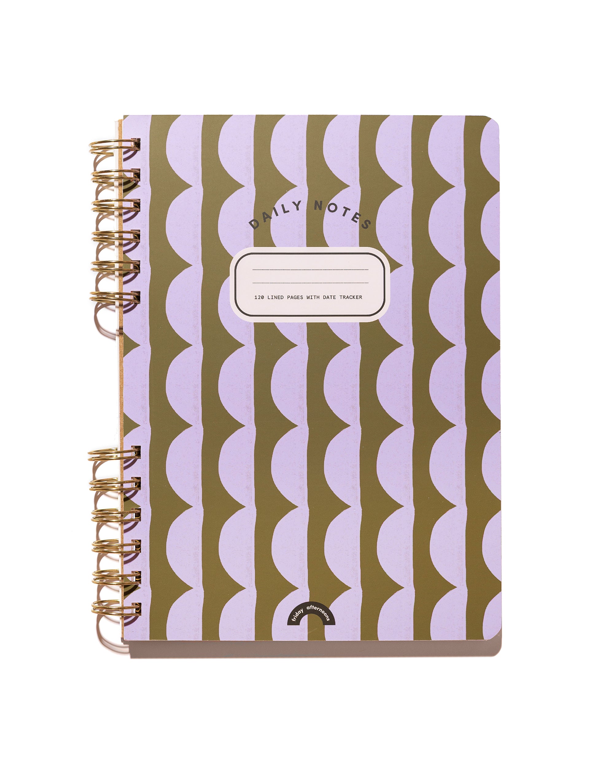 Forest and Lavender Half Moons Daily Notes lined spiral notebook with gold split-spiral binding.