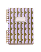 Forest and Lavender Half Moons Daily Notes lined spiral notebook with gold split-spiral binding.