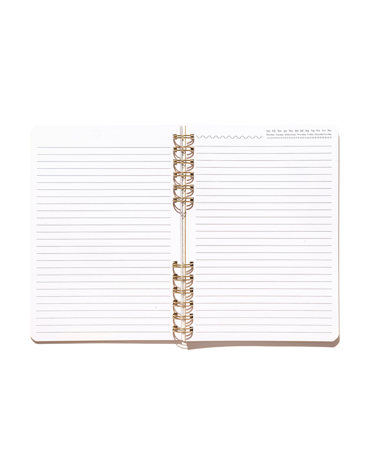 Open Daily Notes notebook showing blank lined pages, a printed date tracker, and gold split-spiral binding.