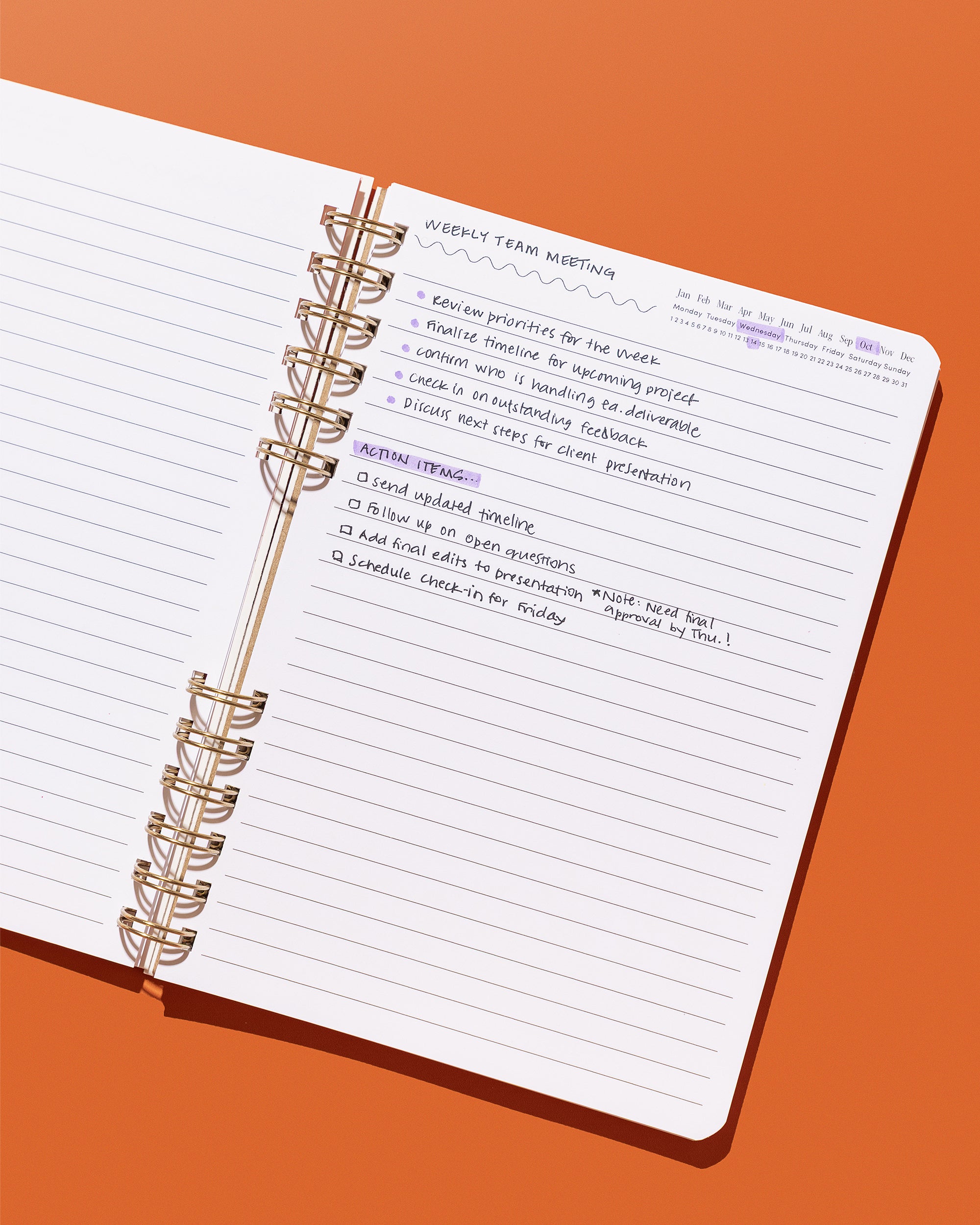 Daily Notes lined notebook filled with handwritten meeting notes, action items, and a marked date tracker.