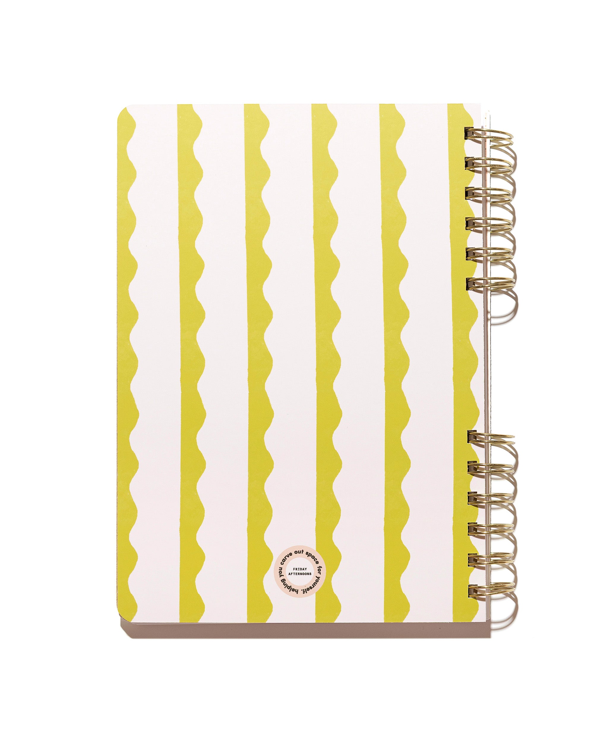 Back cover of the Lima Wavy Stripes spiral notebook featuring bright lima green and white wavy stripes with gold split-spiral binding.