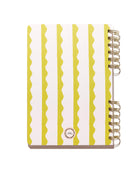 Back cover of the Lima Wavy Stripes spiral notebook featuring bright lima green and white wavy stripes with gold split-spiral binding.