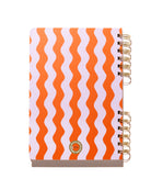 Back cover of the Poppy & Lavender Swirls spiral notebook featuring an orange and lavender wavy pattern with gold split-spiral binding.