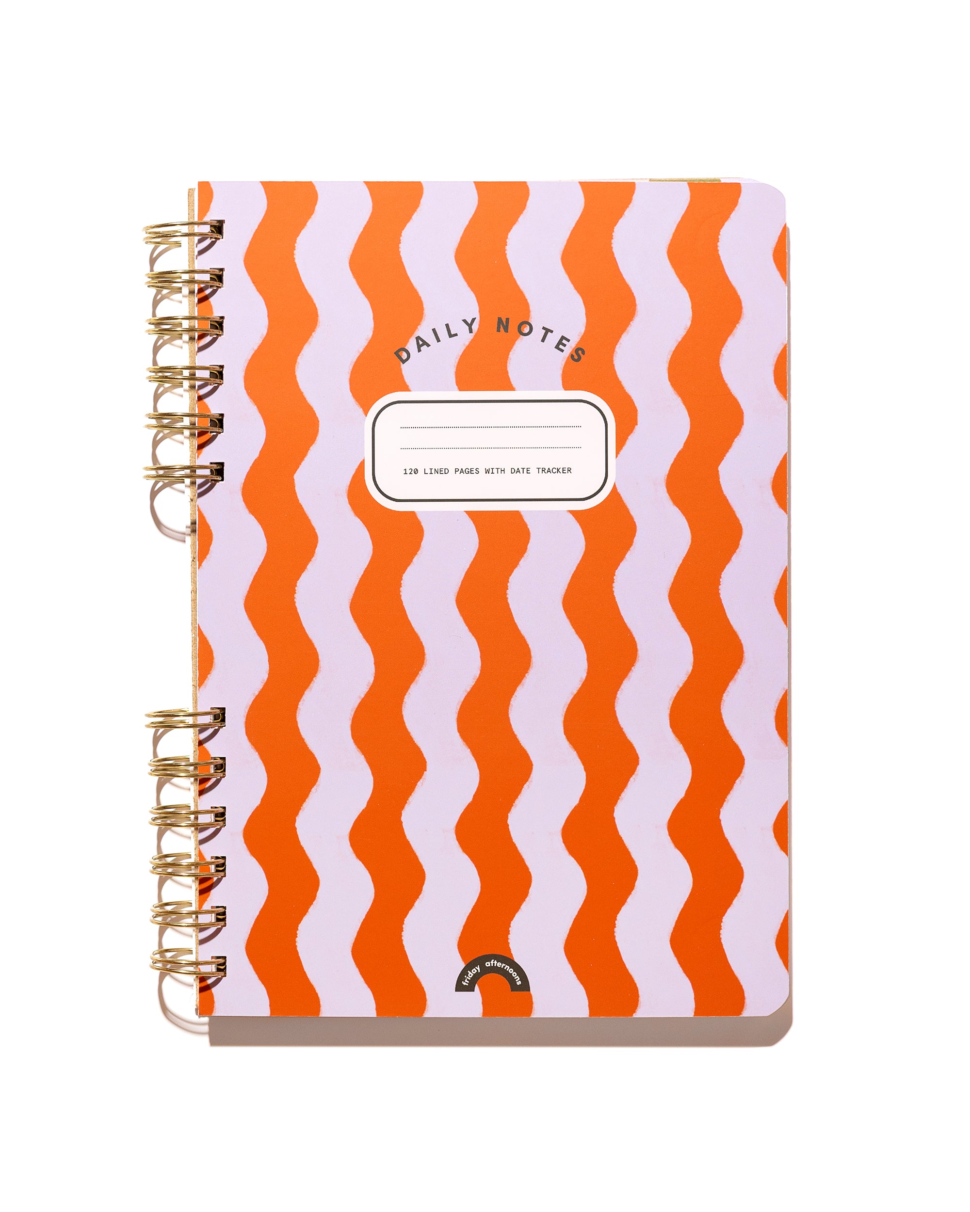 Daily Notes lined spiral notebook in Poppy & Lavender Swirls with an orange and lavender wavy cover and gold split-spiral binding.