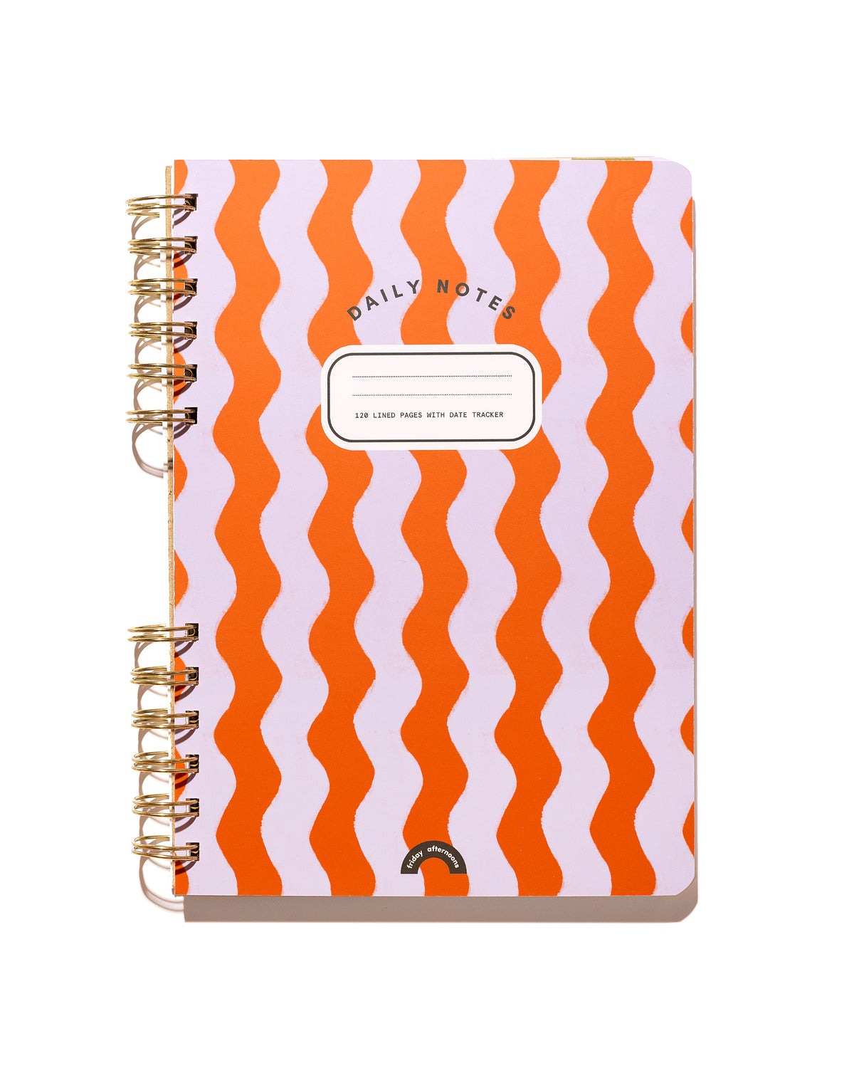 Daily Notes lined spiral notebook in Poppy & Lavender Swirls with an orange and lavender wavy cover and gold split-spiral binding.