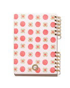 Back cover of the Sage Petals spiral notebook featuring pink circles and sage green flowers with gold split-spiral binding.