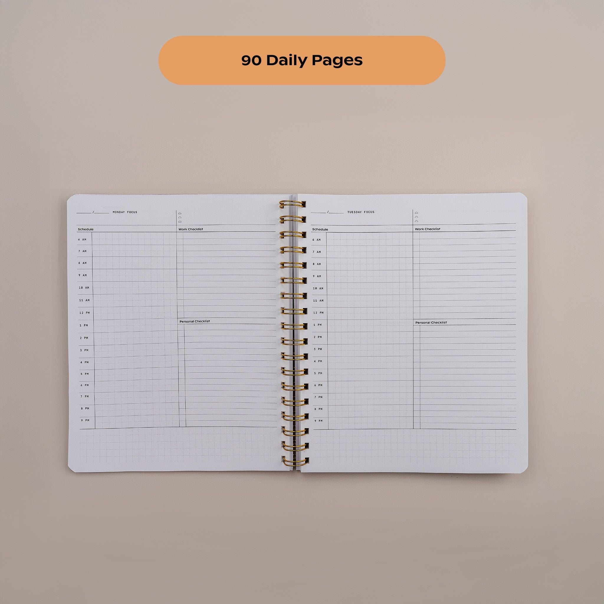 Daily planning page with time-blocking, priorities, and task lists in the Quarterly Plans planner.