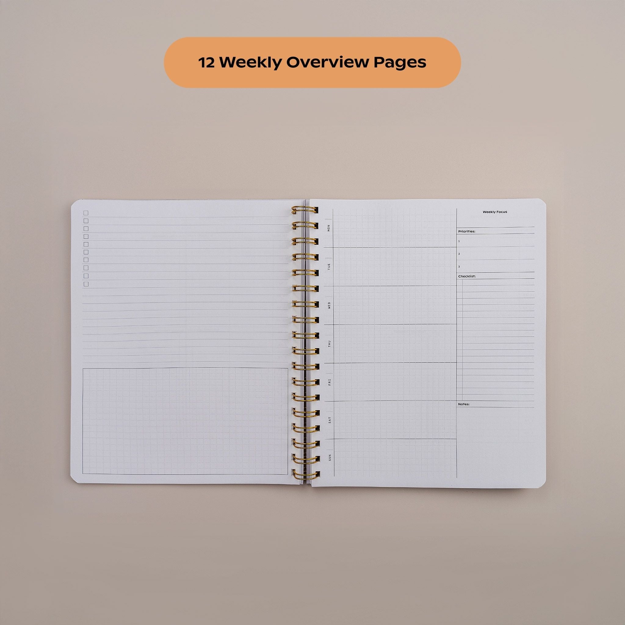 Weekly overview layout with priorities and scheduling space in the Quarterly Plans planner.