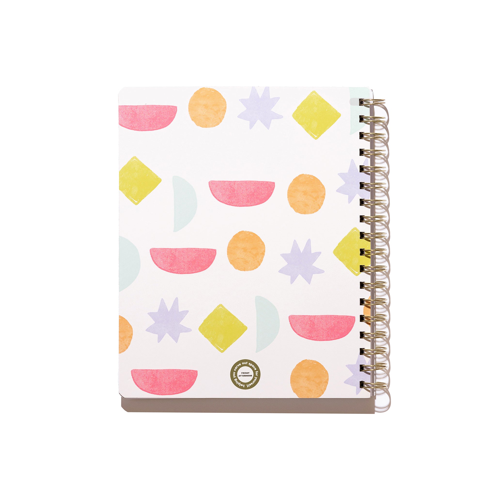 Bright Shapes Quarterly Plans 90-Day Planner back cover with gold spiral binding, geometric pattern, pink shapes, and white background